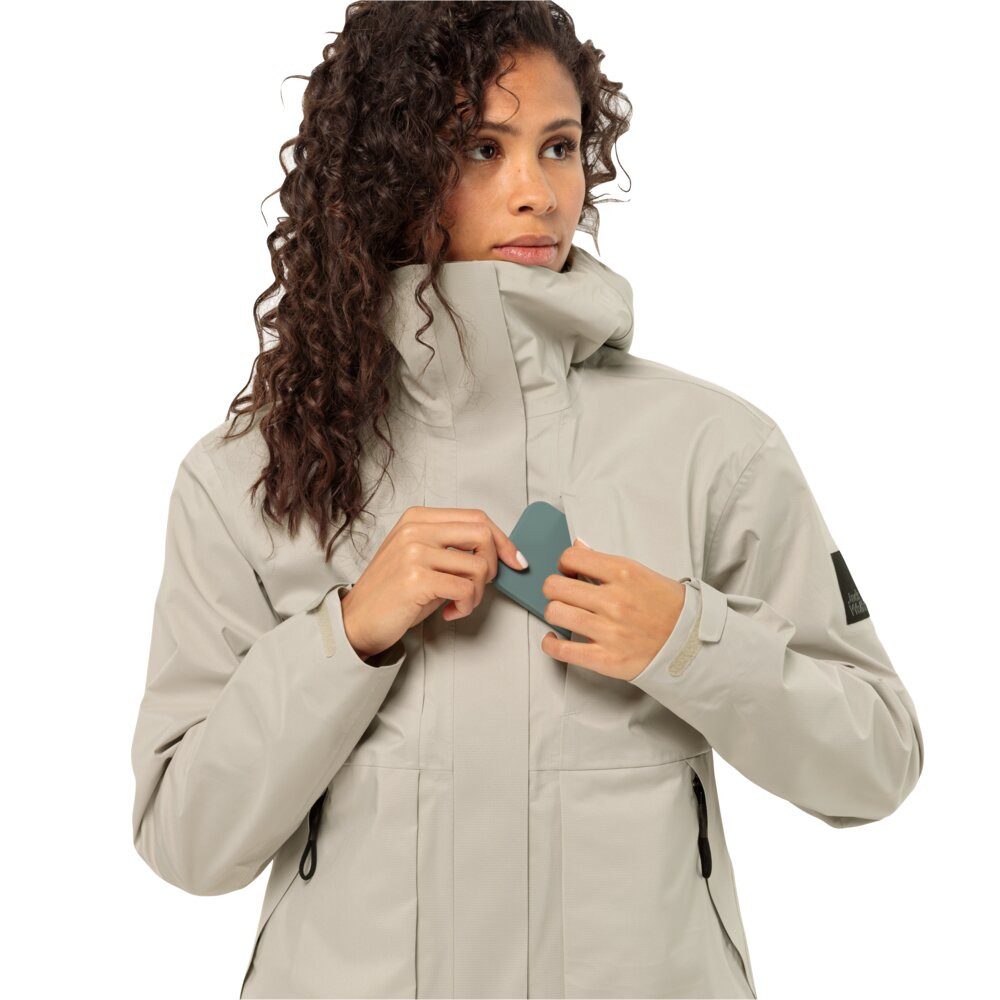 Jack Wolfskin Regenjacke Wandermood 3-Lagen (Hardshell, wasserdicht, winddicht) hellgrau Damen