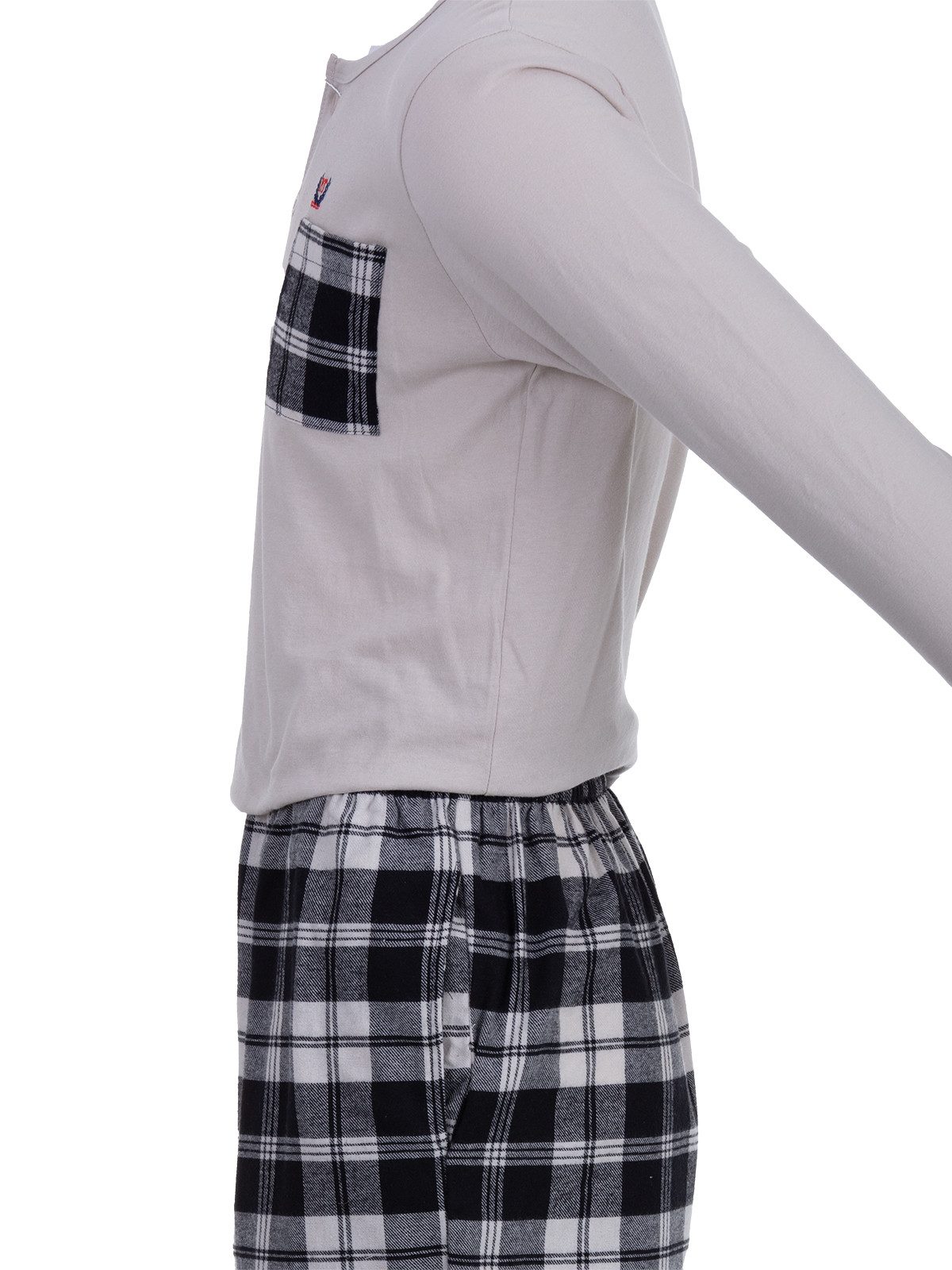 Henry Terre Pyjama Carlo Langarm - Hose & Brusttasche Karo Design Shirt Uni Knopfleiste – Bild 5 von 5