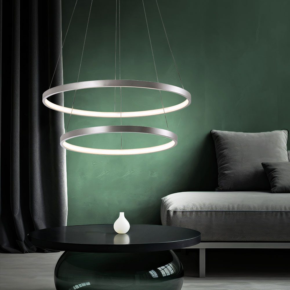 JUST LIGHT LED-Hängeleuchte, LED-Leuchtmittel fest verbaut, Warmweiß, Hängeleuchte Pendelleuchte LED Höhenverstellbar silber Ringe Esszimmer