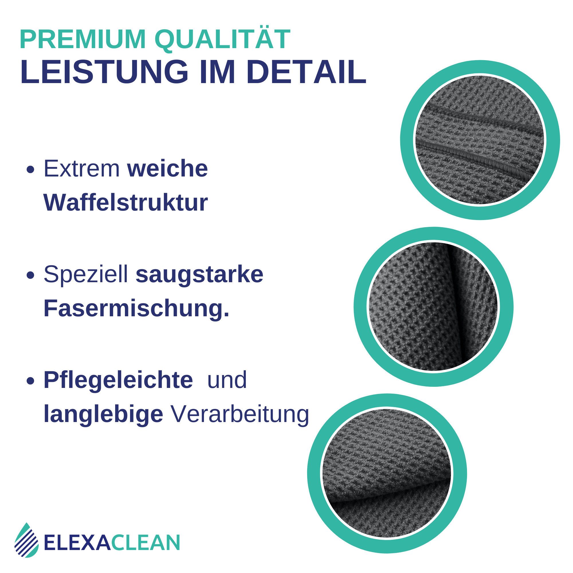 ELEXACLEAN Waffeltuch Trockentuch Mikrofasertuch (80% Polyester, 20% Polyamid, Set, 2-tlg., 60x40 cm, streifenfrei, fusselfrei, saugstark)