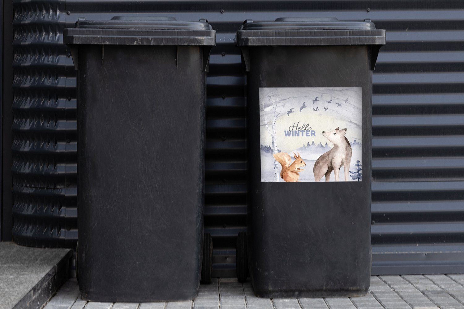 - St), Container, Mülltonne, Tiere MuchoWow Wandsticker Winter Mülleimer-aufkleber, (1 Schnee - Abfalbehälter Sticker,