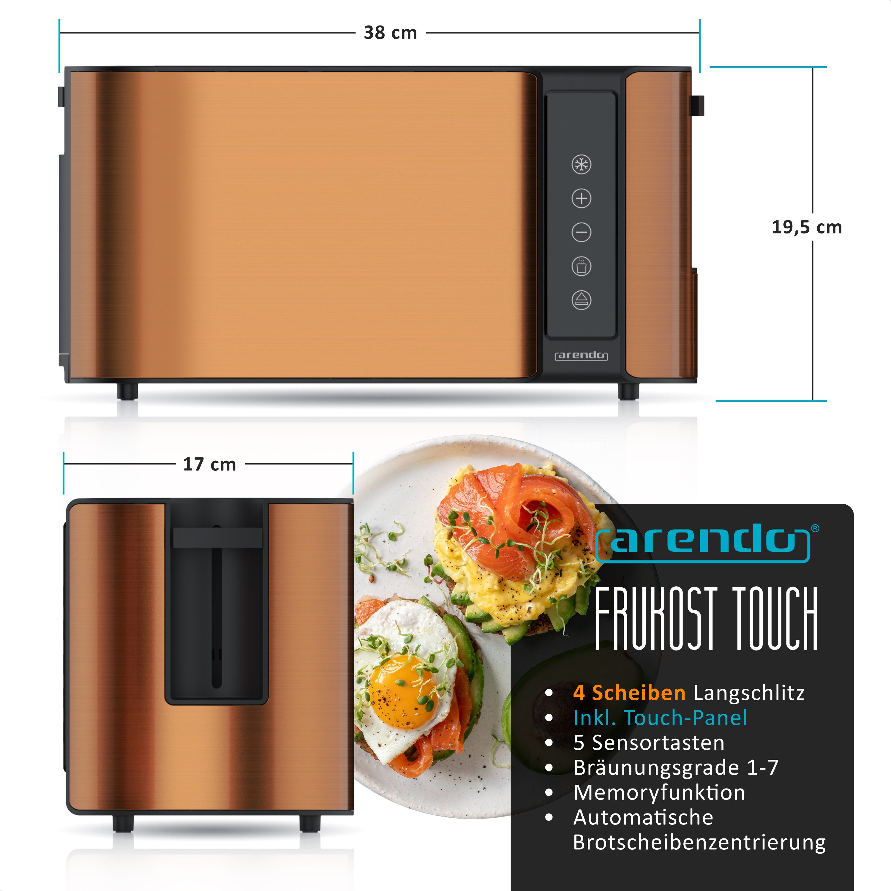 Arendo Frühstücks-Set Edelstahl Wasserkocher 1,5l, 4-Scheiben Langschlitz Toaster, kupfer (2-tlg), Wasserkocher mit Temperatureinstellung, Toaster Brötchenaufsatz, Touch