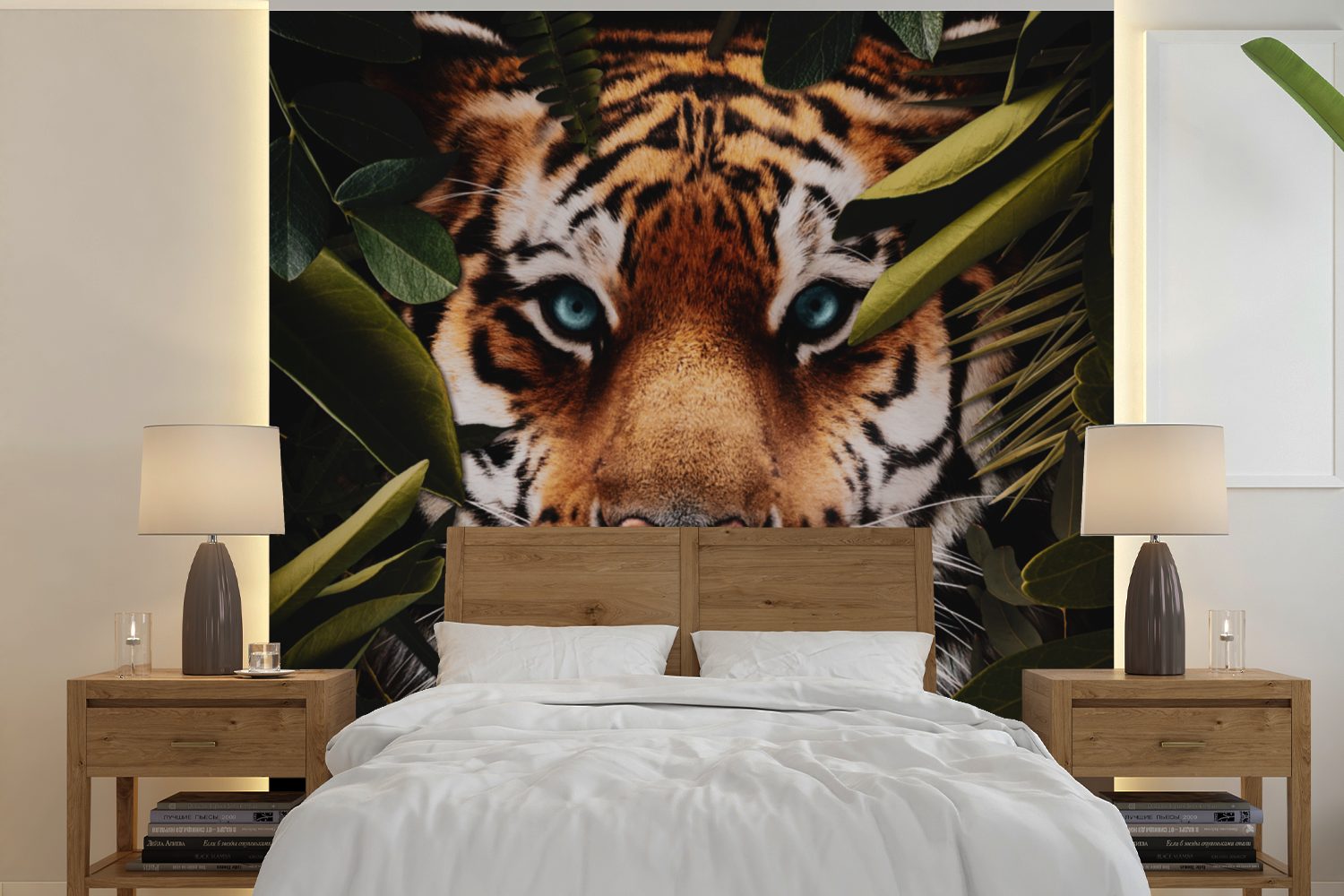 St), Vinyl Tapete - Schlafzimmer, (5 Fototapete Wandtapete oder - für MuchoWow Matt, Wohnzimmer Tiger Blätter, Dschungel bedruckt,