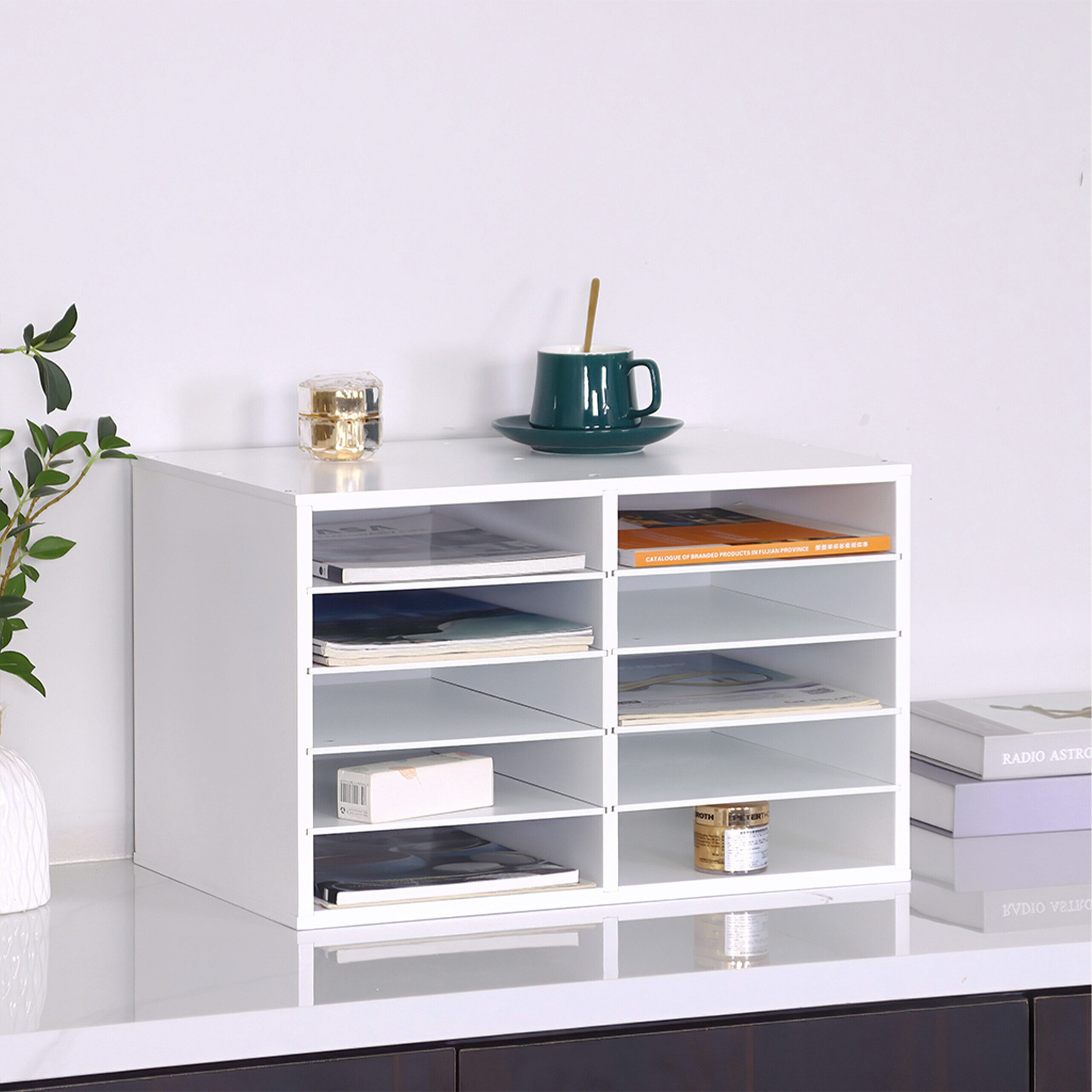 relaxdays Briefablage Dokumentenablage Bambus 10 Fächer, weiß