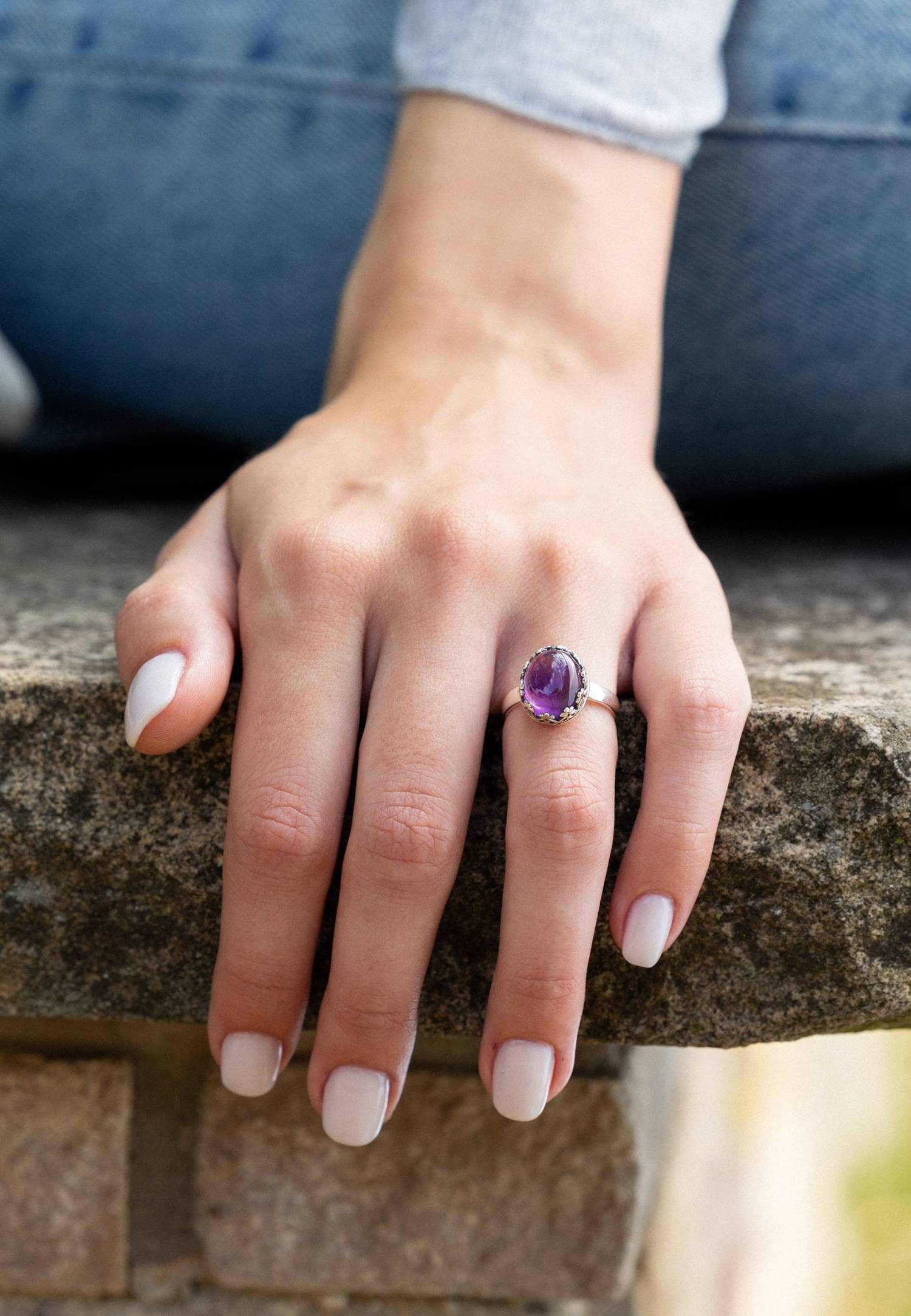 mantraroma Silberring NAPULO aus 925 Silber mit Amethyst (Ring mit Schmuckbeutel), Damenring aus 925er Silber