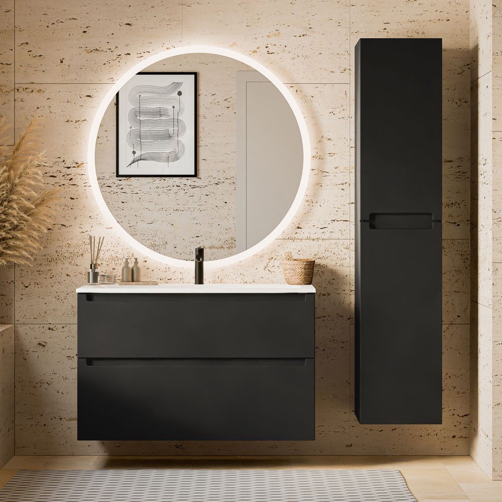 Bernstein Badmöbel-Set VIREO 100cm Schwarz matt Spiegel Rund, Badmöbel Set 100cm Keramik Becken Hochschrank LED-Spiegel