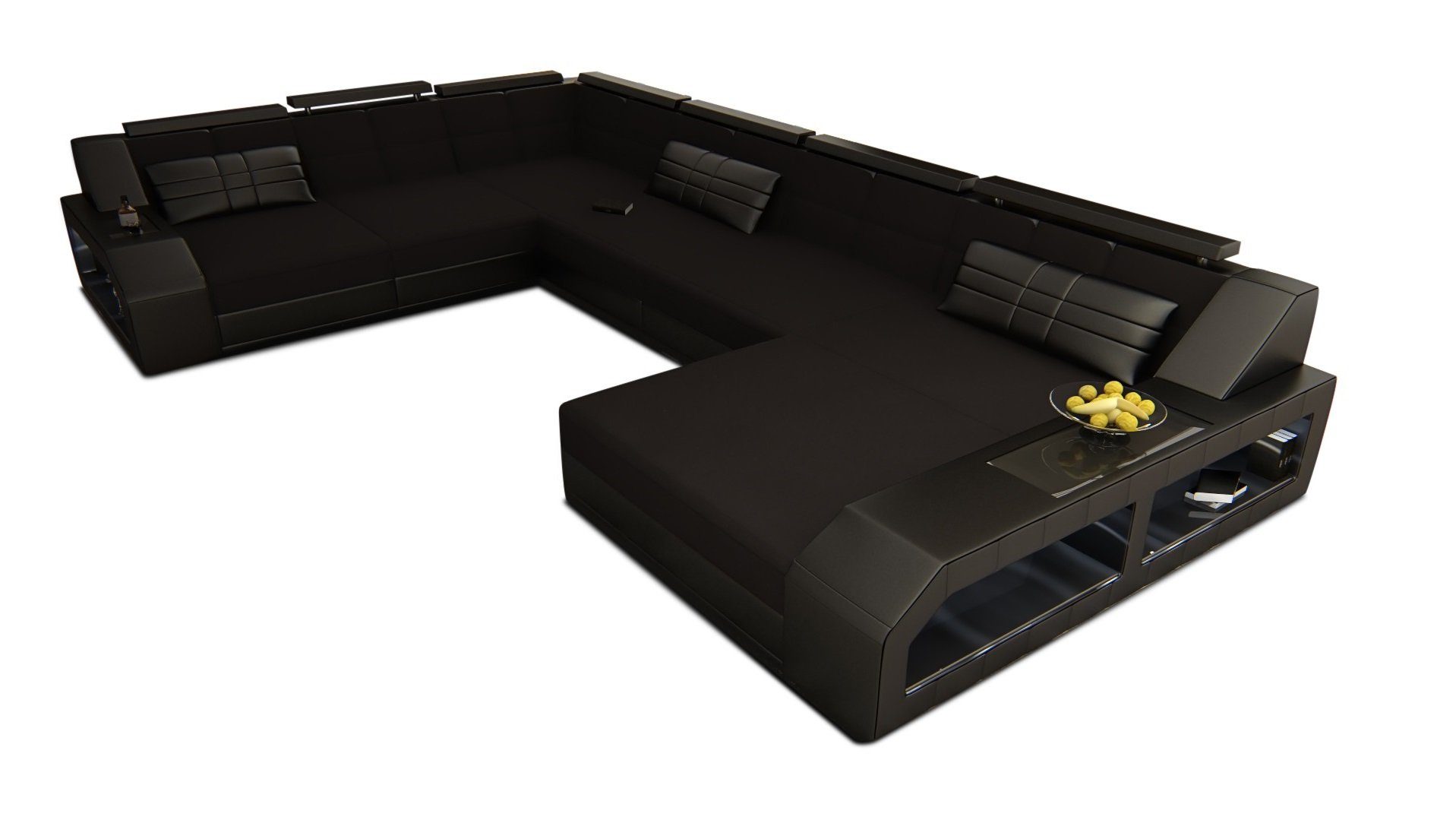 wahlweise Sofa Stoff Stoffsofa Polster Dreams Bettfunktion Designersofa Form U Wohnlandschaft Matera mit Sofa Schwarz-Schwarz LED, mit XXL C33 Couch, als Schlafsofa,