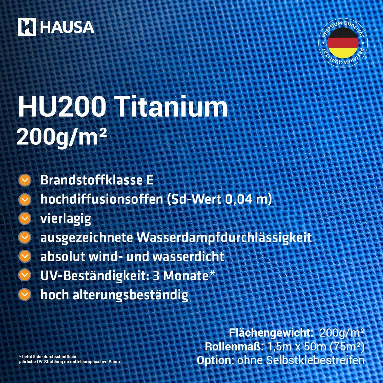 Hausa Dachbahn Unterspannbahn Titanium HU200, Ohne Selbstklebestreifen, 75 m² pro Paket, (200g/m², 1-St., 1,5m x 50m), flexible dreilagige hochdiffusionsoffene Unterdeckbahn