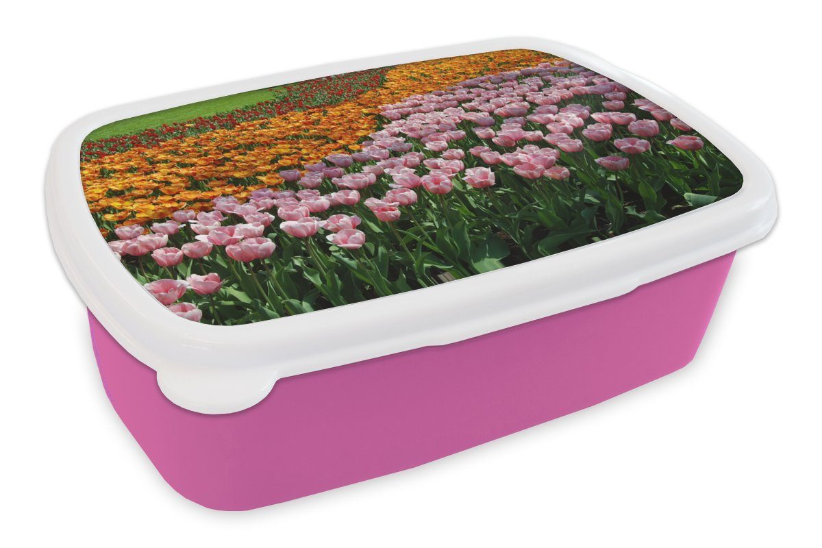 Brotdose auf Snackbox, Mädchen, (2-tlg), für Keukenhof, rosa Kinder, Bunte Erwachsene, dem Lunchbox Tulpen Kunststoff Kunststoff, Brotbox MuchoWow