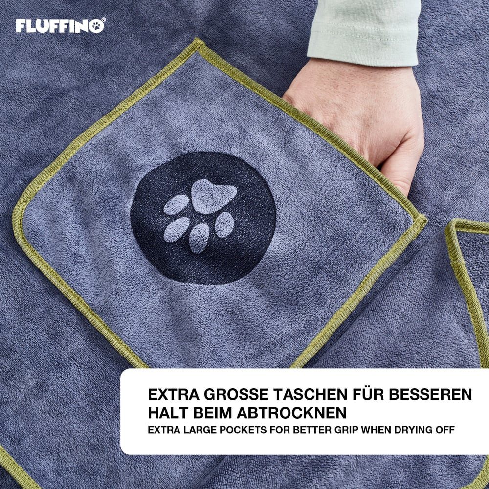 FLUFFINO® Hundehandtuch Mikrofaser – 2er-Pack - 120 x 70 cm - Grau & Grün, FLUFFINO Hundehandtuch (2er-Pack) dog towel (2-pack) – Bild 5 von 5