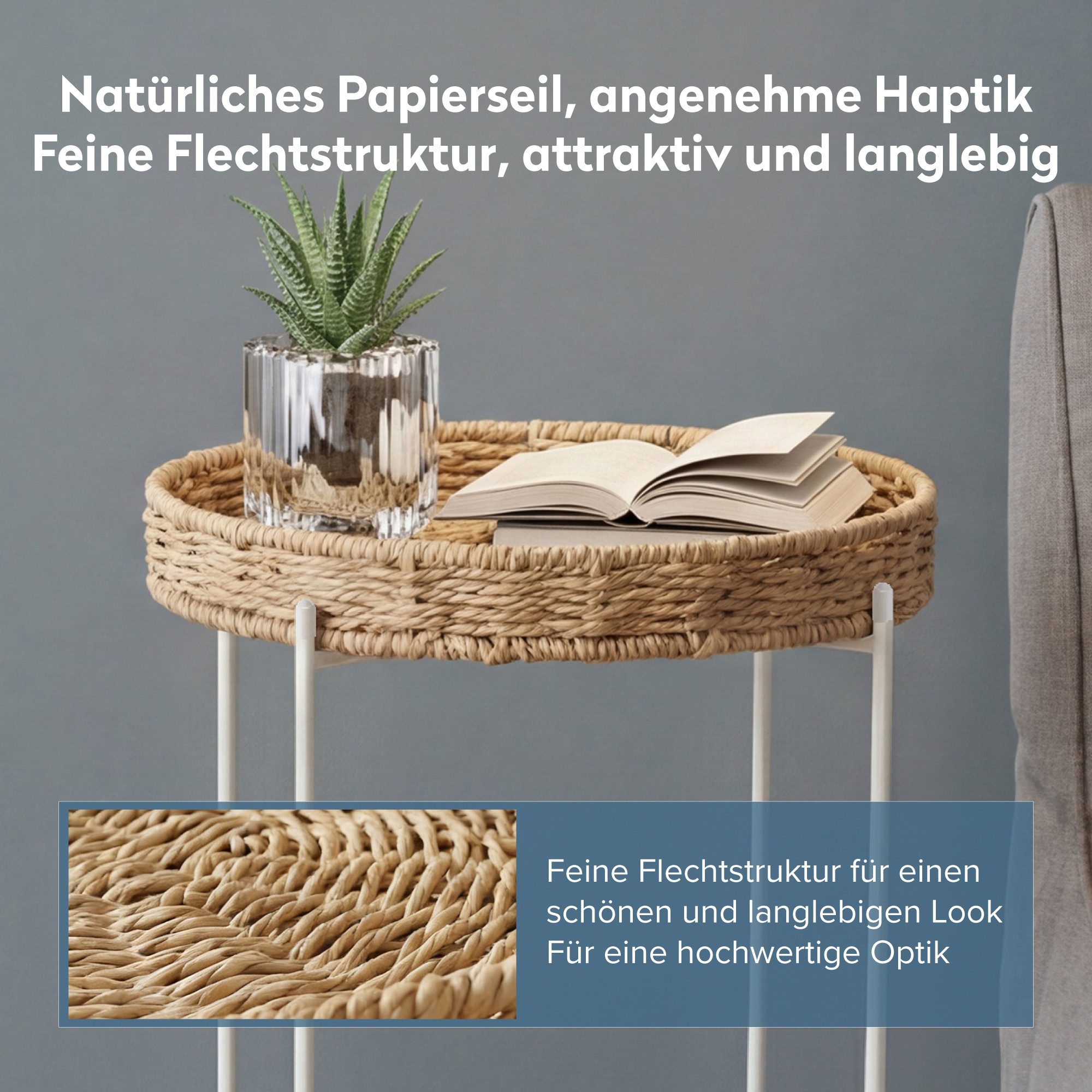 doporro Beistelltisch Couchtisch kleiner Tisch mit 1/2 geflochtenen Ablagen rund Reglo-08, Zwei Materialien zur Auswahl