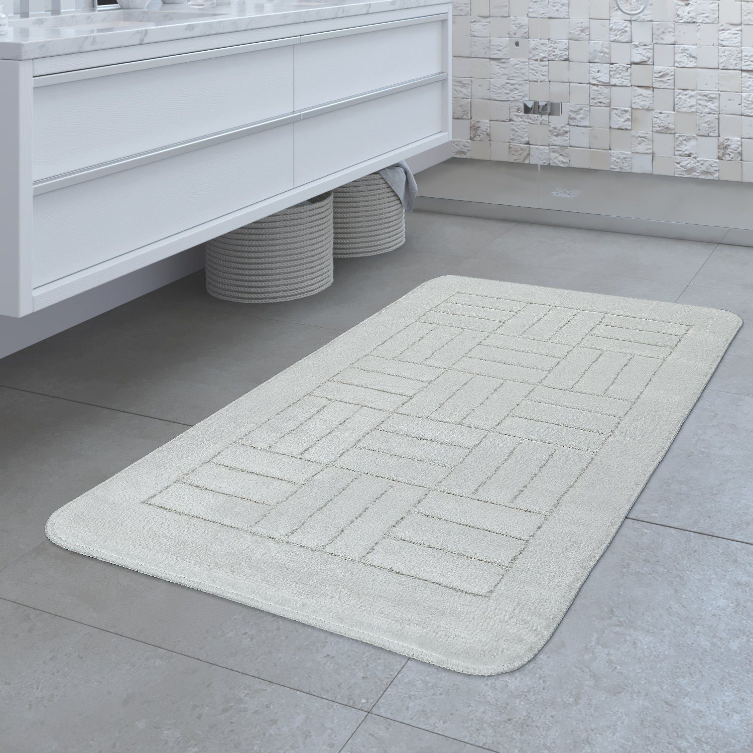 Fußmatte Design Badematte Rutschfester Badvorleger Badezimmer Teppich Karo  Muster Weiß, TT Home, rechteckig, Höhe: 15 mm