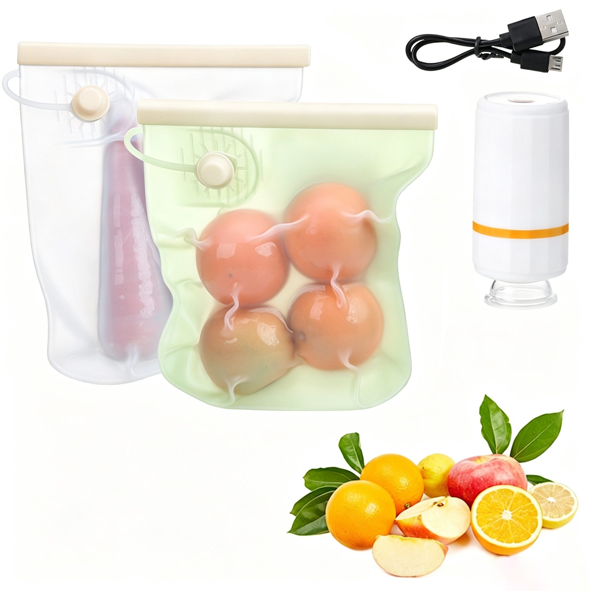 wohnTRAUM24 Gemüsebeutel Vakuum-Frischhalteset aus Silikon Vorratsbeutel mit Pumpe, (Frischhalteset, Set enthält 2 Beutel in 2 Größen + 1 Pumpe), Lebensmittel-Aufbewahrungsorganizer Silikon-Aufbewahrungsbeutel