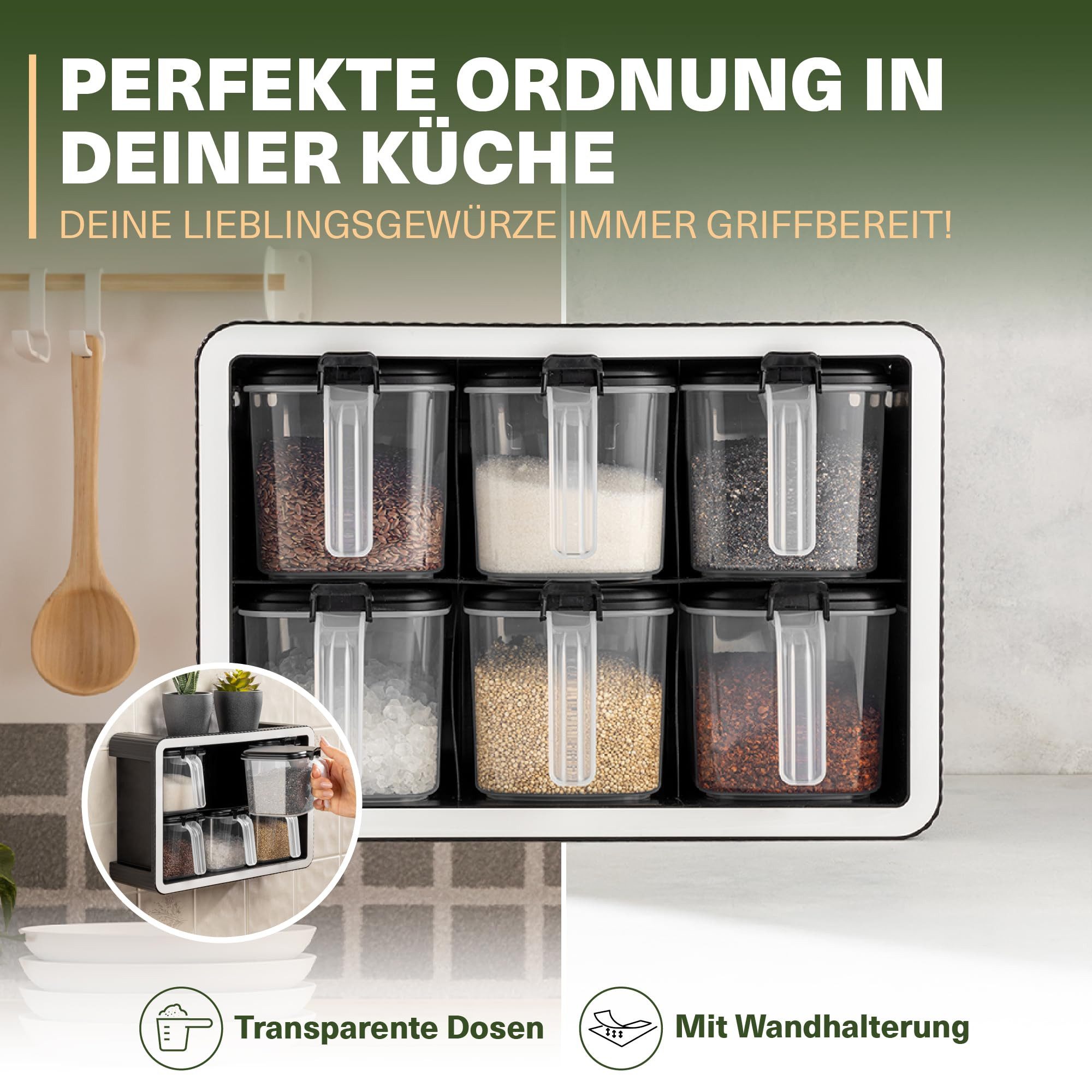 Viwares Gewürzbehälter platzsparendes Gewürzregal mit Aromaschutz, 550ml, (Set, 6-tlg., 6er), Mit Wandhalterung und Löffeln – Bild 3 von 5