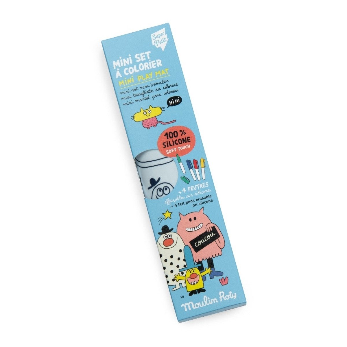 Moulin Roty Malvorlage Schmouks Mini-Tischset + 4 abwaschbare Filzstifte Mal-Tischset für (Set), Mal-Tischset