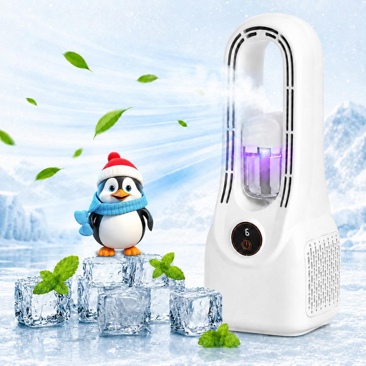 MOPUEA Turmventilator Turmventilator ohne Flügel, Tischventilator mit 6 Geschwindigkeiten, Tragbarer USB Zerstäuberventilator, Schnelle Kühlung, Leiser Betrieb