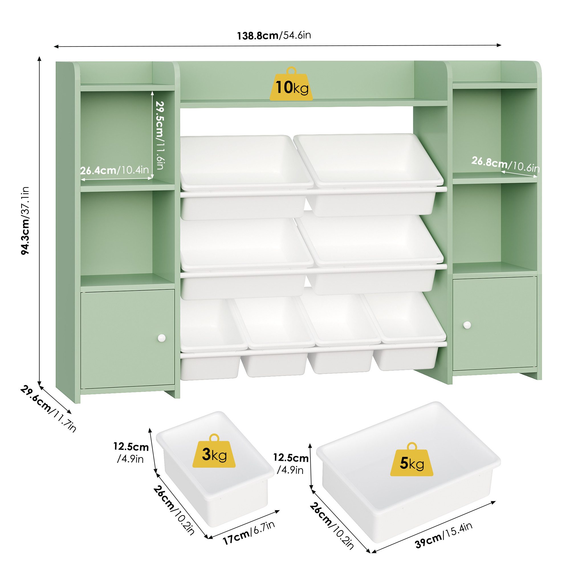 Homfa Spielzeugtruhe, Kinderregal Bücherregal Spiegelregal mit 8 Boxen weiß 138x29x94 cm