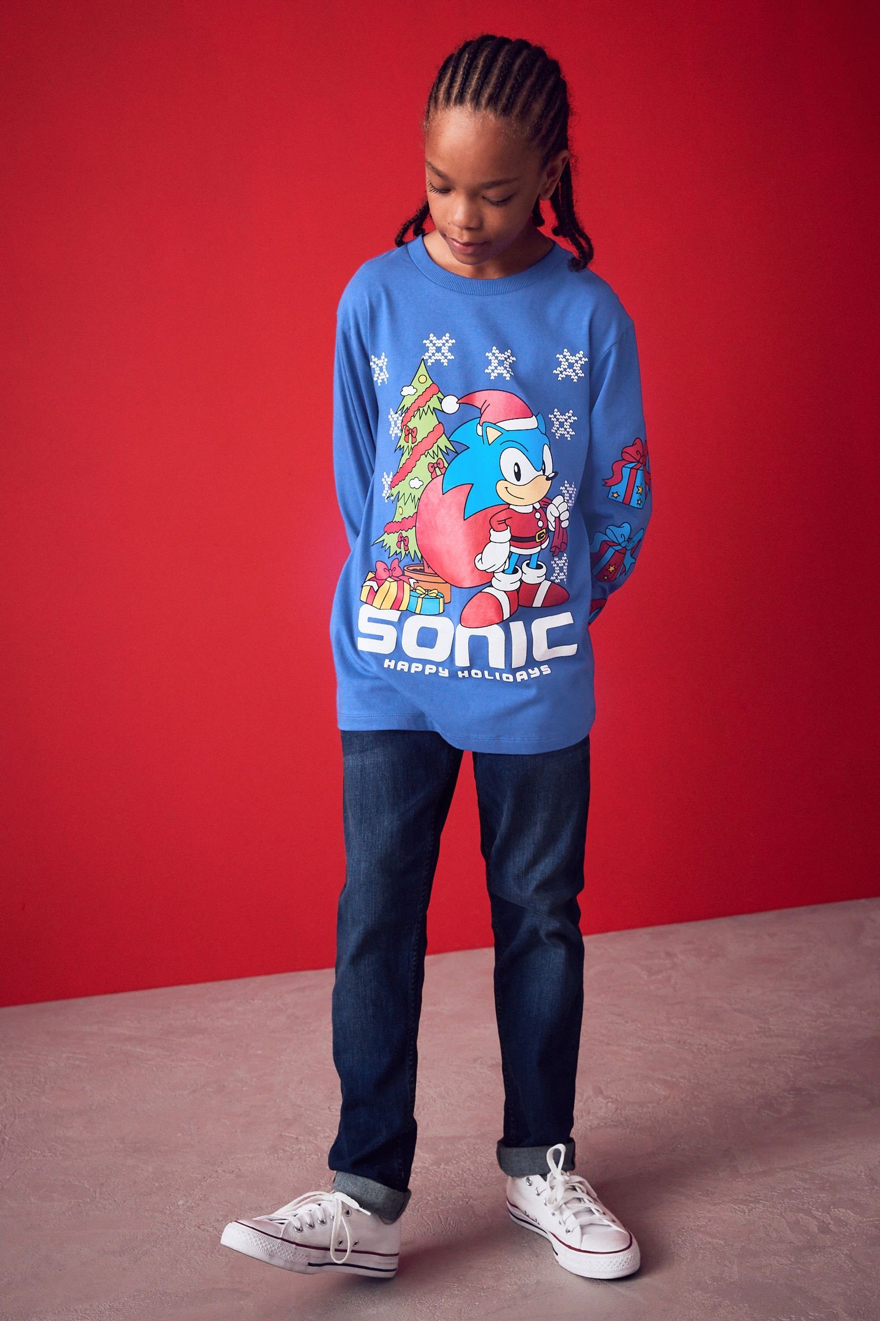 Weihnachtsshirt Sonic Langarmshirt Langärmeliges Next Blue Cobalt (1-tlg)