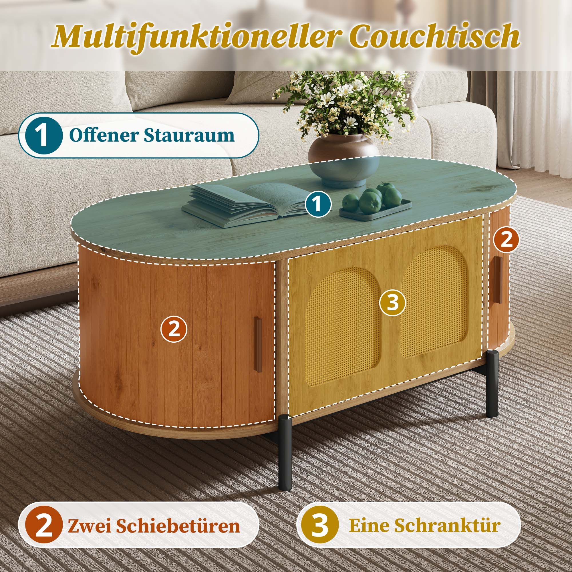 Merax Couchtisch Oval Sofatisch Skandinavisch Beistelltisch mit Rattan-Oberfläche (100 x 50 x 40 cm, 1-St), Wohnzimmertisch mit Klapptür, 2 Schiebetüren, Staura – Bild 4 von 5