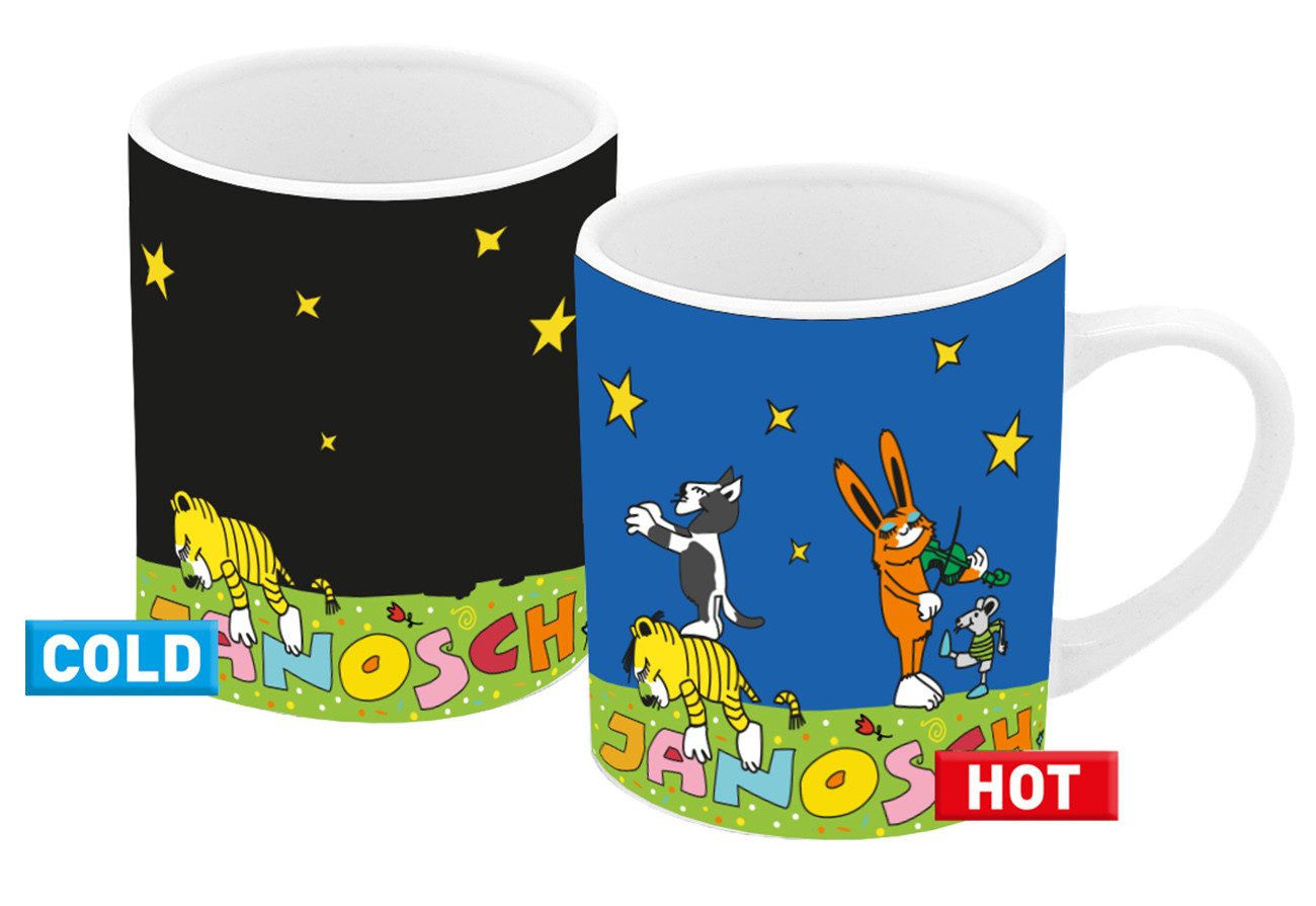 Geda Labels GmbH Tasse Farbwechsel Janosch Sternenhimmel, Keramik, Schwarz, 250ml, mit Thermoeffekt