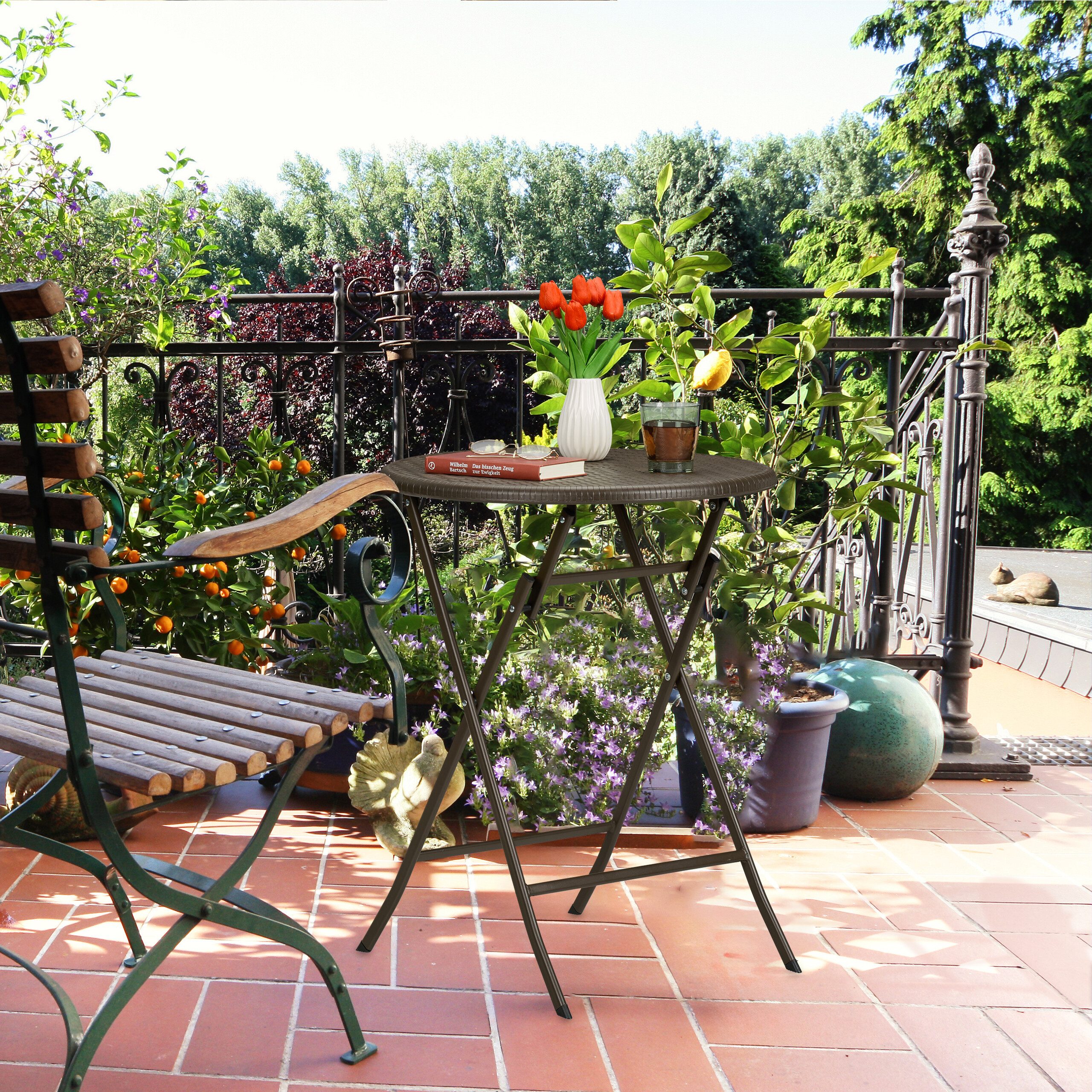 relaxdays Gartentisch Runder Gartentisch in Rattan-Optik, schwarz