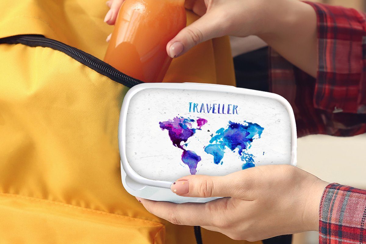 MuchoWow Lunchbox Weltkarte - und Brotdose, Brotbox Sprichwörter für (2-tlg), Kunststoff, - Mädchen Erwachsene, Aquarelle, Jungs für Kinder weiß und