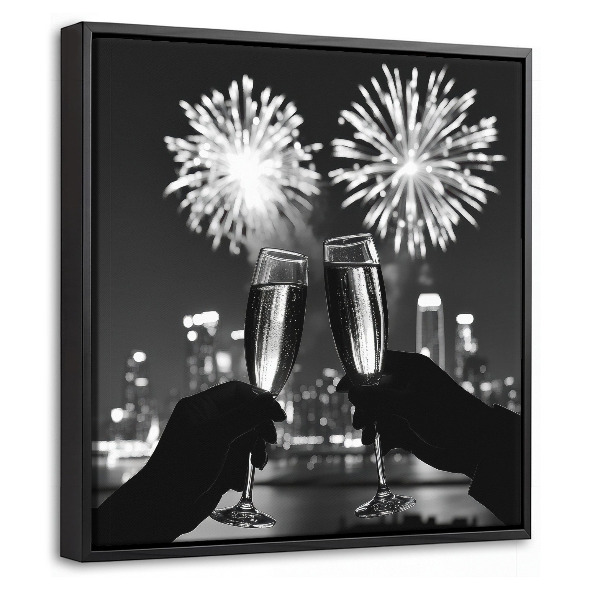 OneMillionCanvasses® Leinwandbild mit Rahmen - Feuerwerk - Prost - Skyline - Champagner, Fotodruck (1 St), Leinwand Bilder Klein, Wand Dekoration Aesthetic 20x20cm
