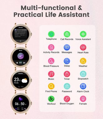 Lige Smartwatch (1,32 Zoll, Android iOS), Damen mit Telefonfunktion 20 Sportmodi Armbanduhr Pulsuhr Fitnessuhr