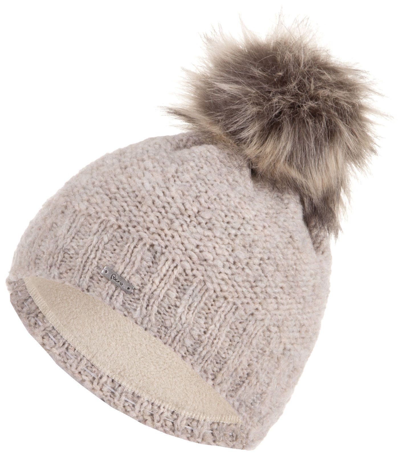 Faera Bommelmütze Wintermütze Damen Mütze Beanie Haube gefüttert Strickmütze Winter beige