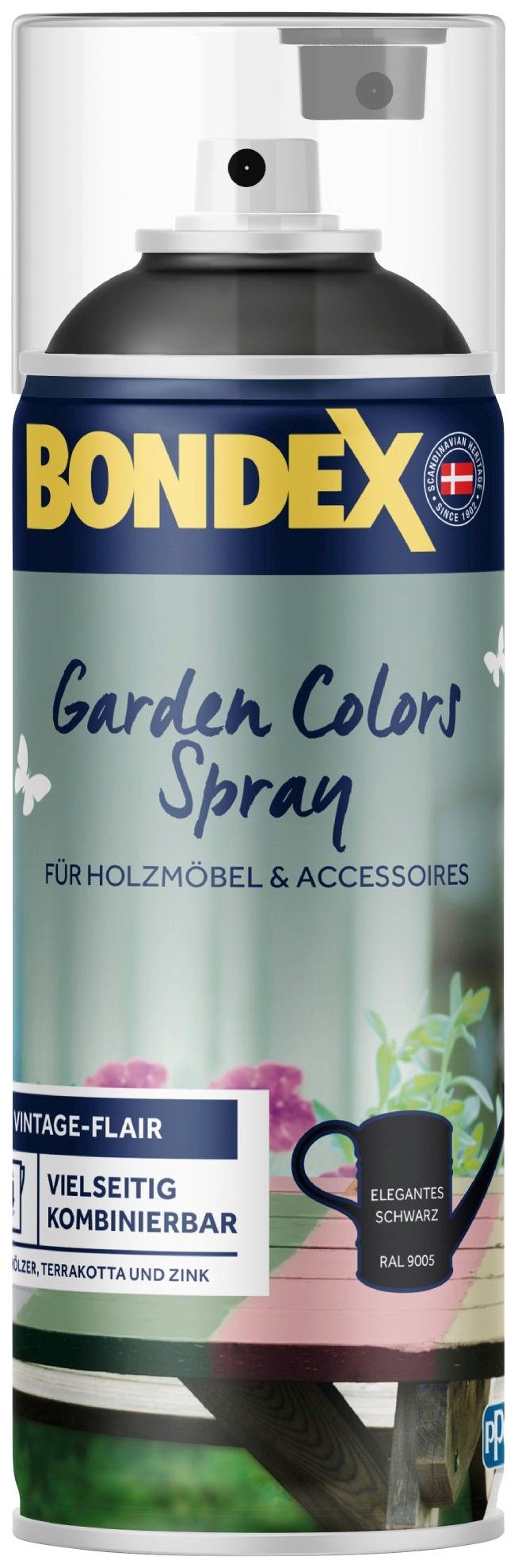 Bondex Wetterschutzfarbe GARDEN COLORS Spray, Zartes Lagunenblau, 0,4 Liter Inhalt Elegantes Schwarz / RAL 9004