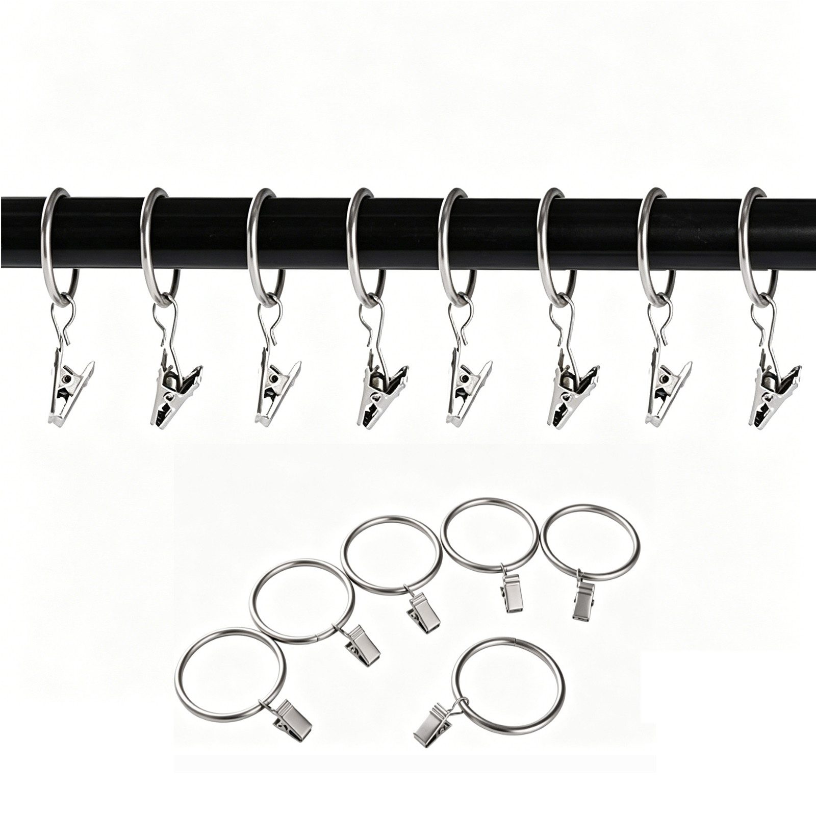 MOPUEA Gardinenring Gardinenring mit Ringen, 30St, Metall Vorhangringe Gardinenklemmen, (Vorhangzubehör-Set, 30 Metall Vorhangringe mit starken Clips), Rostfrei, stabil, gleitfähig, langlebig, vielseitig