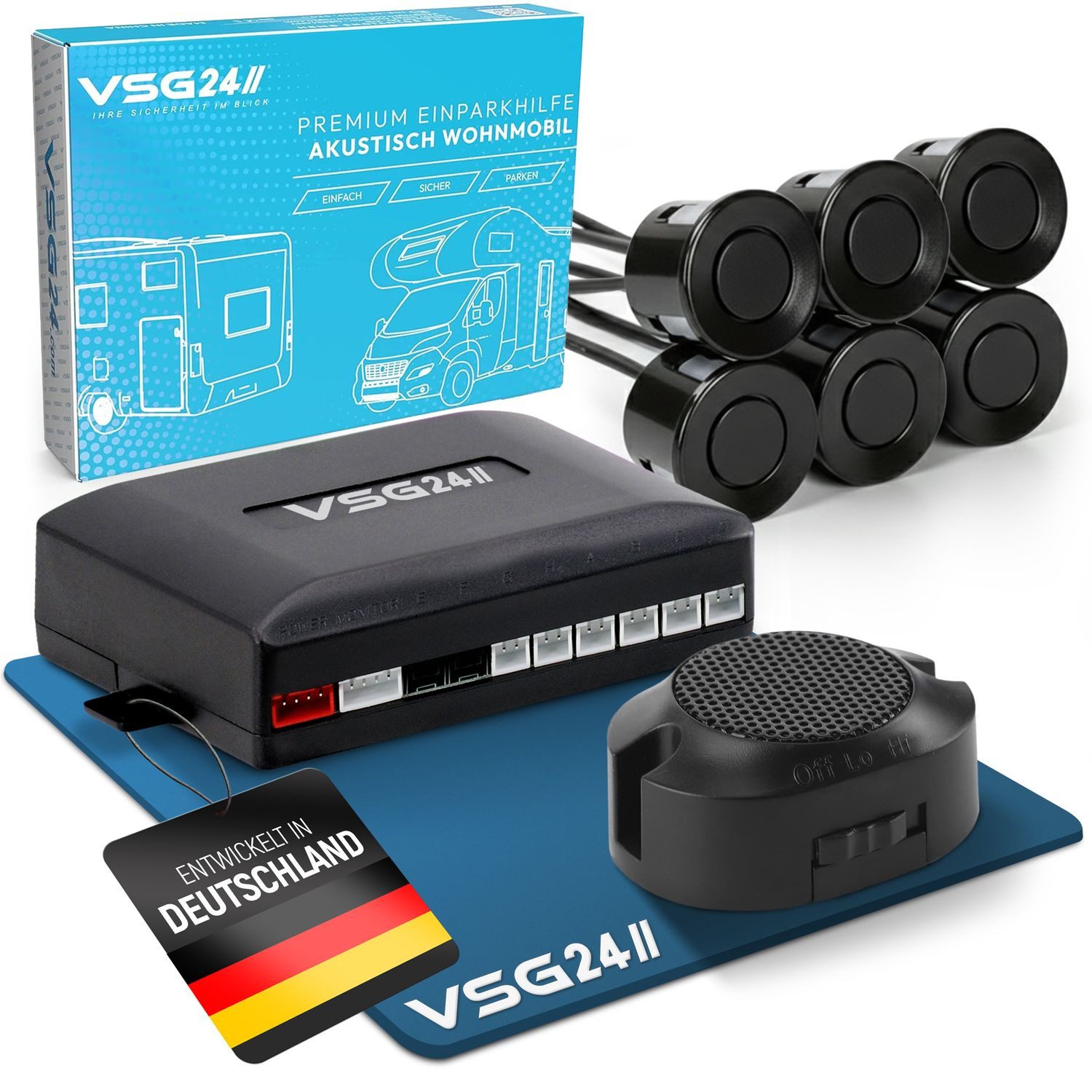 VSG24 Premium Einparkhilfe ECHO PLUS WOHNMOBIL Parkhilfe zum nachrüsten PDC Rückfahrkamera (Rückfahrwarner mit Lautsprecher & 6 Sensoren Stecksystem Nachrüstsatz)