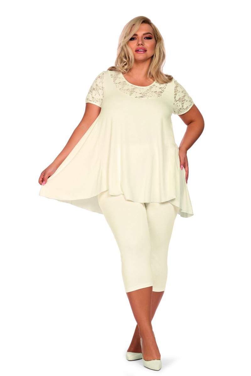 Hamana Pyjama Beiger Plus Size Pyjama Damen Schalfanzug aus Shirt mit Spitze und kni