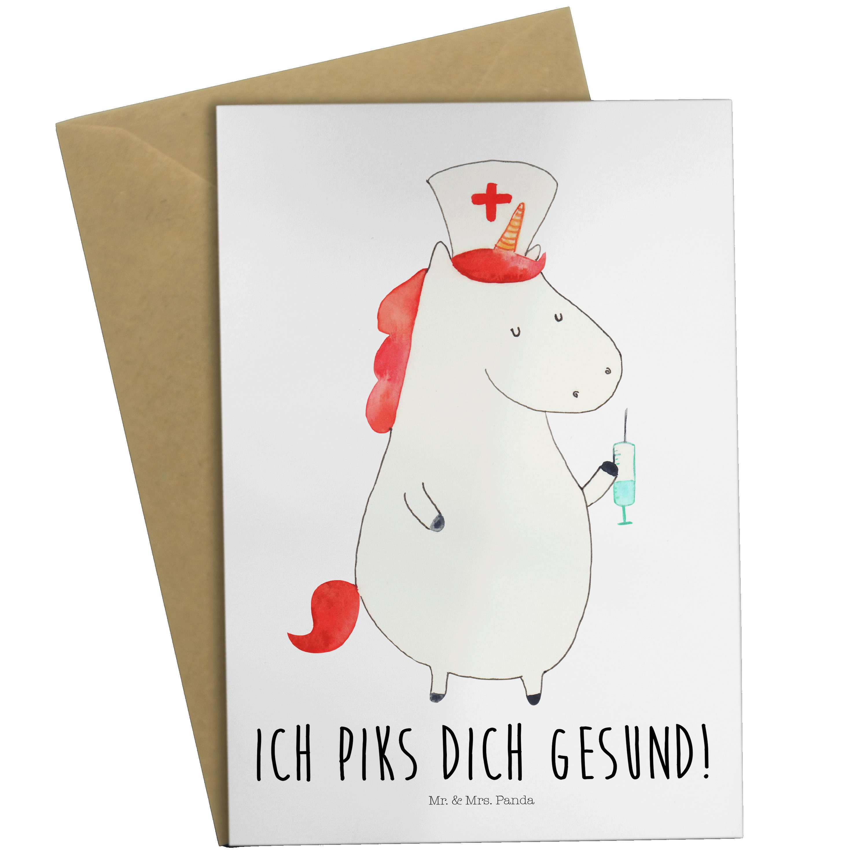 Mr. & Mrs. Panda Grußkarte Einhorn Krankenschwester - Weiß - Geschenk, Klappkarte, Krankenschwes