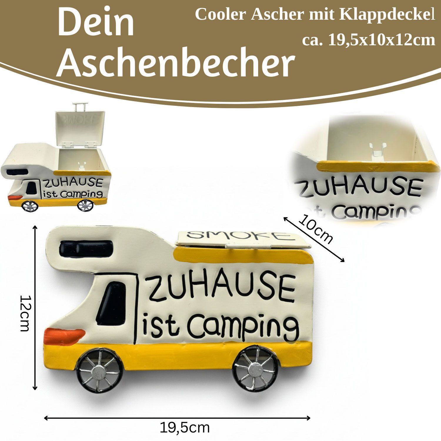 LS-LebenStil Aschenbecher XL Sturmaschenbecher Metall Camper 19x12cm Windaschenbecher Ascher, mit Deckel Klappdeckel Vintage Camper Camping Ashtray Garten Balkon