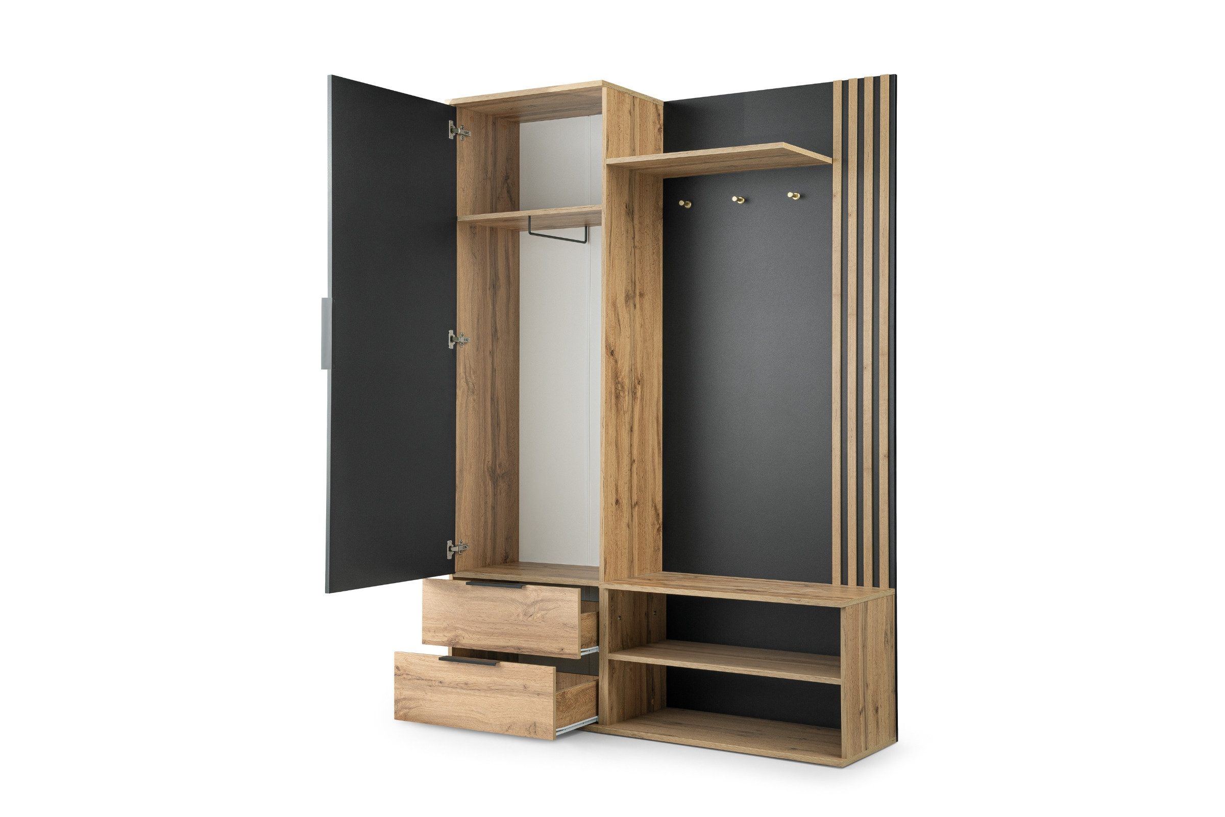Deine Möbel 24 Garderobe LEONI mit Spiegel und Schubladen, Flurgarderobe in Schwarz Eiche Wotan (Set, 1 St., Robuste Verarbeitung mit ABS-Kanten, langlebig & pflegeleicht), Garderoben-Set, modern mit Lamellen und viel Stauraum