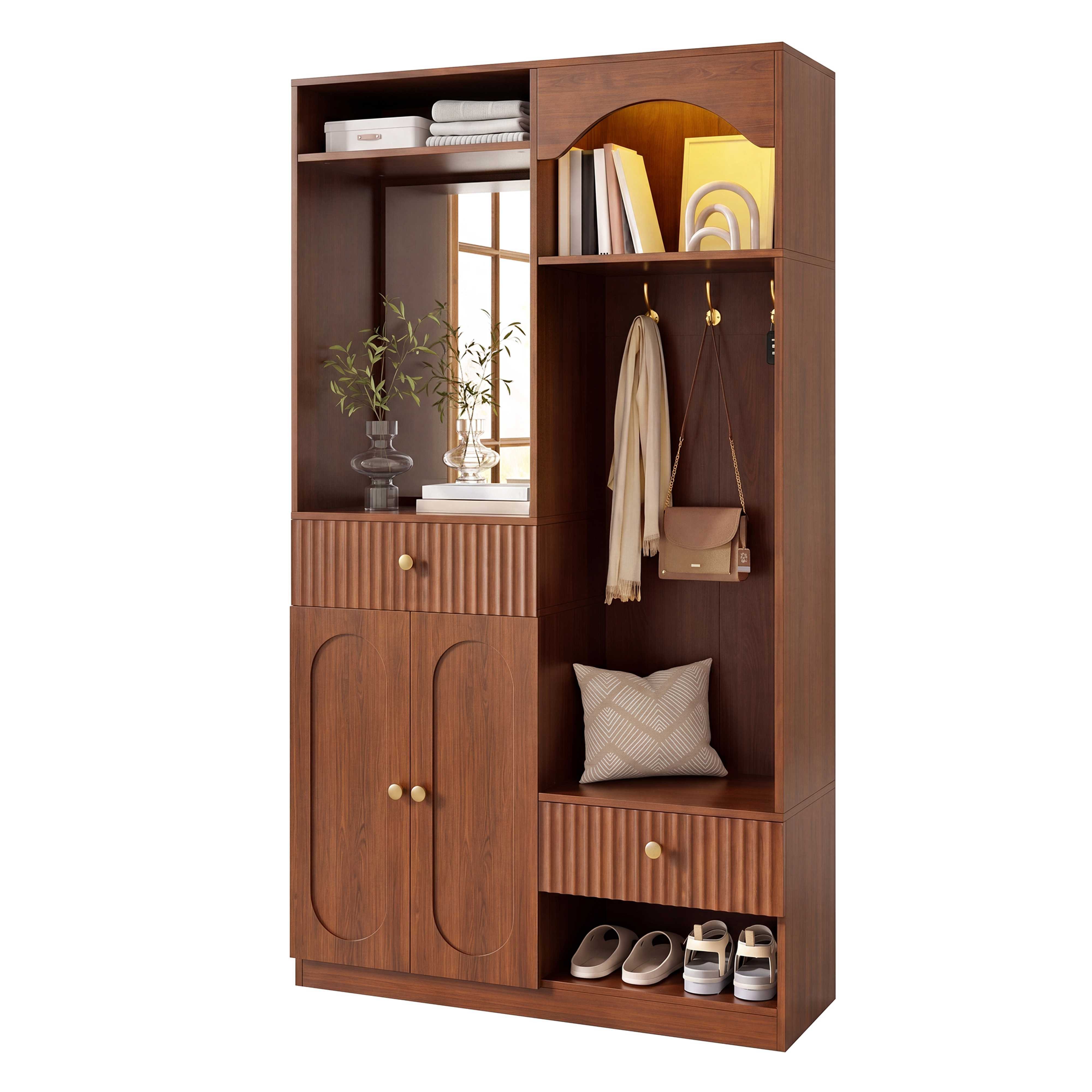 BlingBin Kompaktgarderobe Flurgarderobe,Flurmöbel (1-St., mit Spiegel,Haken,Schuhfach,Schubladen und LED-Beleuchtung) LED-Streifen mit einstellbarer Farbe,100x180 cm