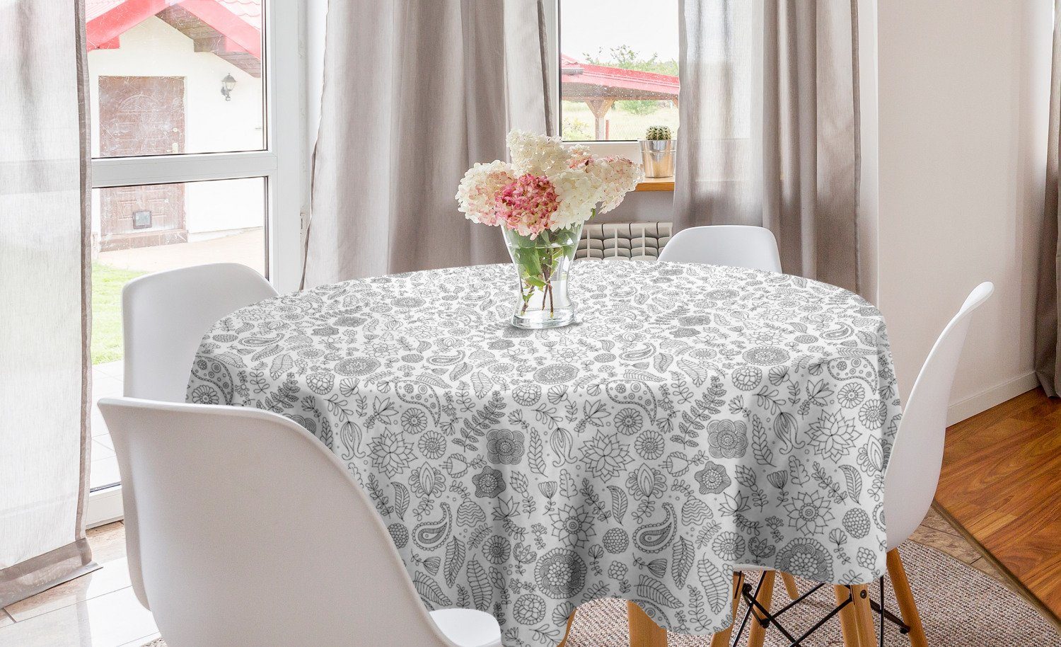 Abakuhaus Tischdecke Kreis Tischdecke Abdeckung für Esszimmer Küche Dekoration, Schwarz und weiß Blumen Paisleys