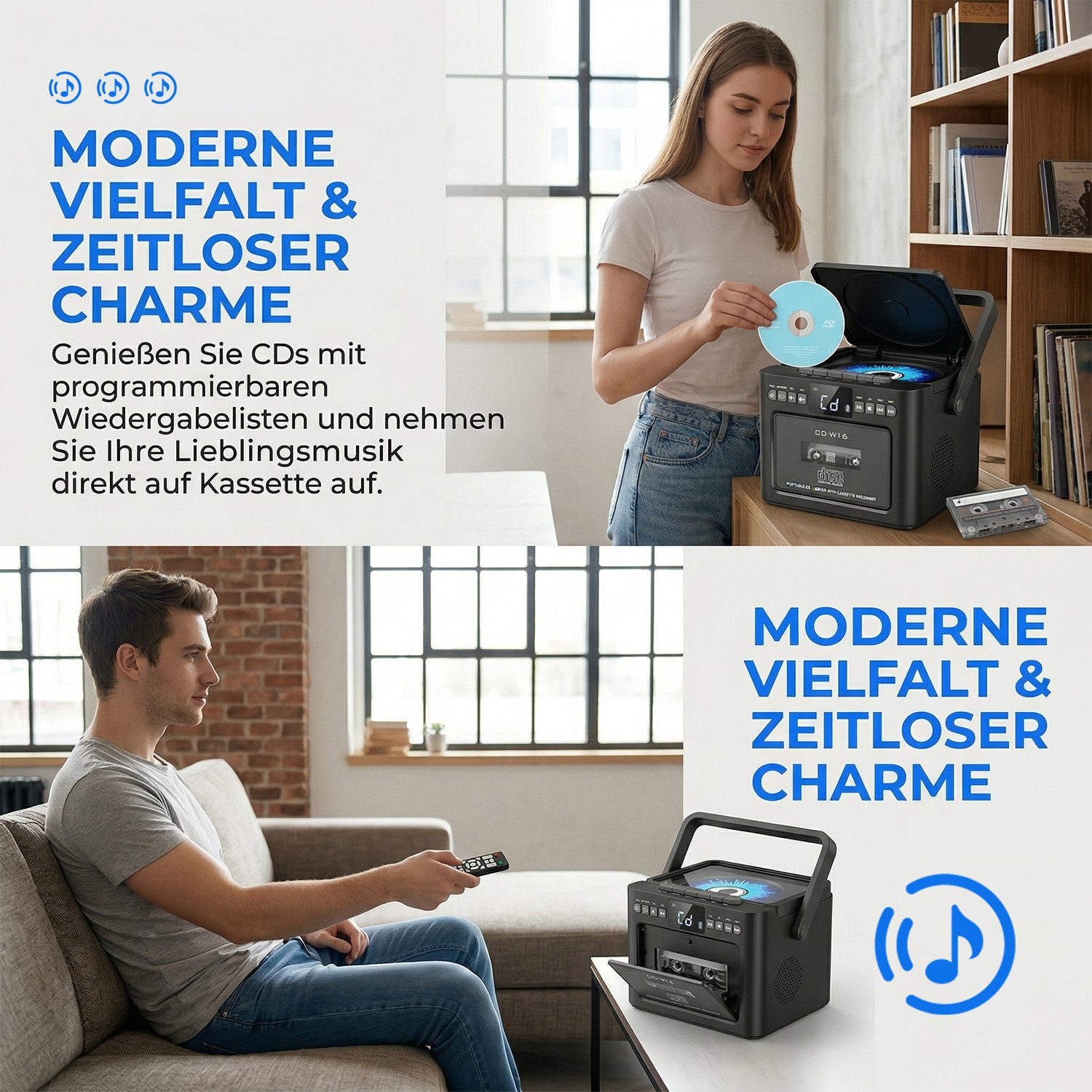 AKKEE mit Bluetooth-Lautsprecher, FM-Radio und Kassettenspieler Stereo-CD Player (USB-/AUX-/SD-Karten-Anschluss, USB-Aufladung)