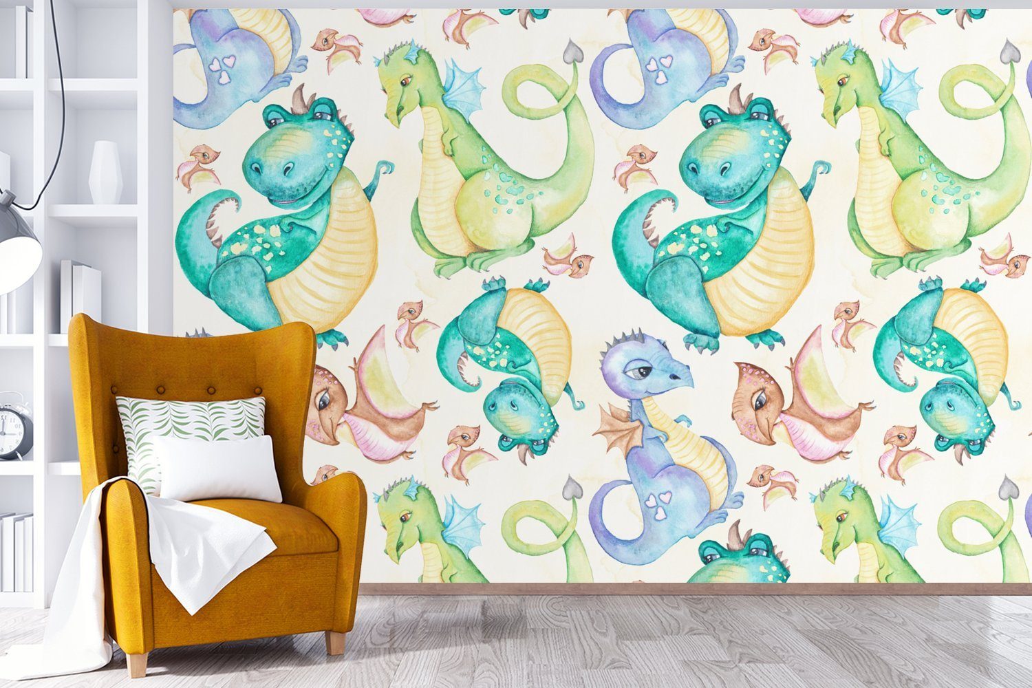 - Jungen Vinyl Dinosaurier Wohnzimmer, Kinderzimmer, Wallpaper Mädchen Tapete Aquarell St), MuchoWow bedruckt, für Matt, - Fototapete - - Kinder, Schlafzimmer, - (6 Kinder