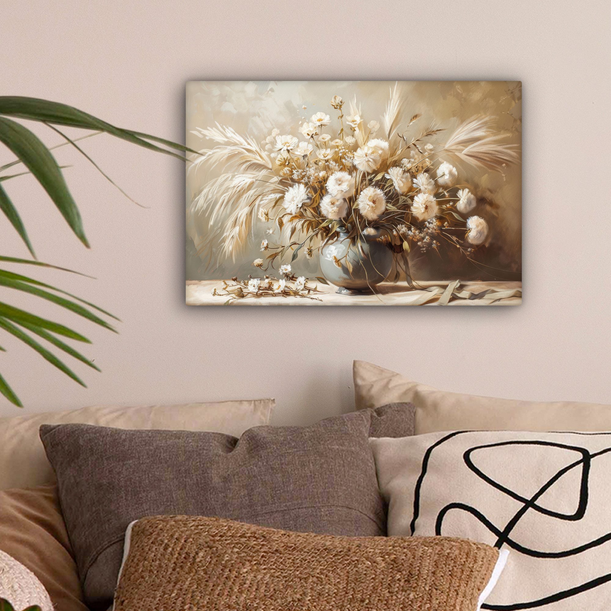 OneMillionCanvasses® Leinwandbild Blumen - Vase - Stilleben - Beige, Fotodruck (1 St), Leinwand Bilder Klein, Wand Dekoration Aesthetic 30x20 cm