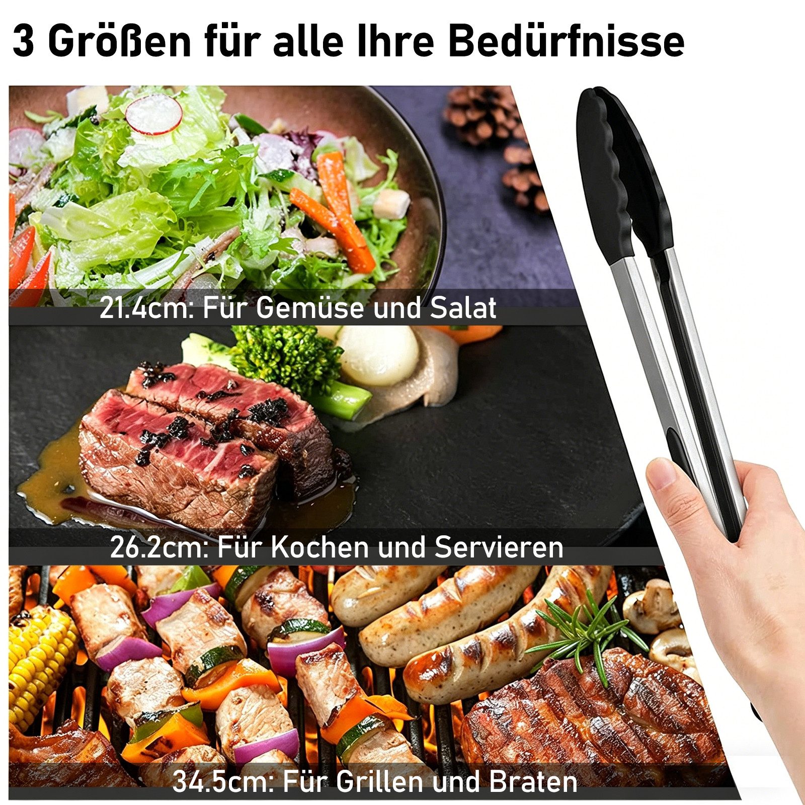 HUGERSTONE Servierzange Grillzange Edelstahl, Küchenzange mit Silikonlaffen und Aufhängeöse, 3er Set Kochpinzette Länge: 21.4/26.2/34.5cm, Hitzebeständig bis 23 – Bild 5 von 5