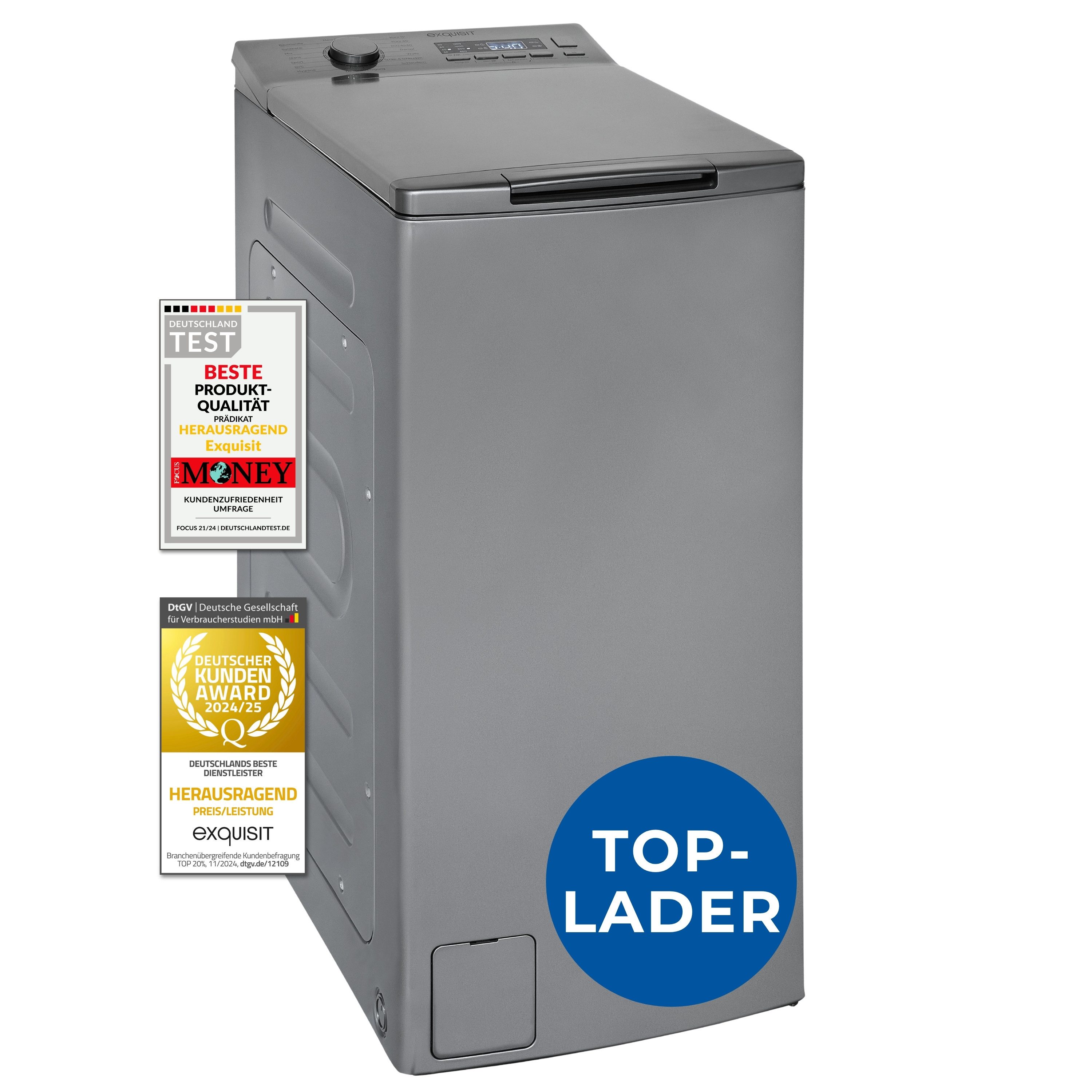 exquisit Waschmaschine LTO1207-030A silber-dunkel, 7,5 kg, 1200 U/min, Rückenschonend: bequem von oben zu beladen mit softer Türöffnung