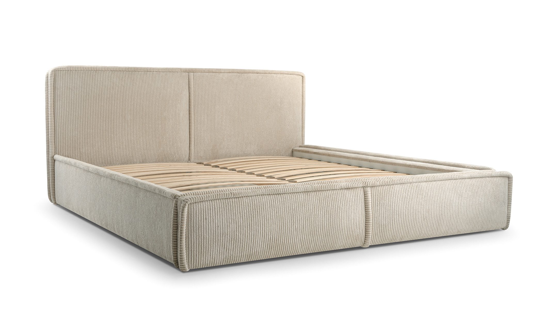 MOEBLO Polsterbett BETT 04 (Bezug: aus Cord, Doppelbett mit Kopfstütze, Rahmenbettgestell, mit Bettkasten und Lattenrost), mit Bettkasten