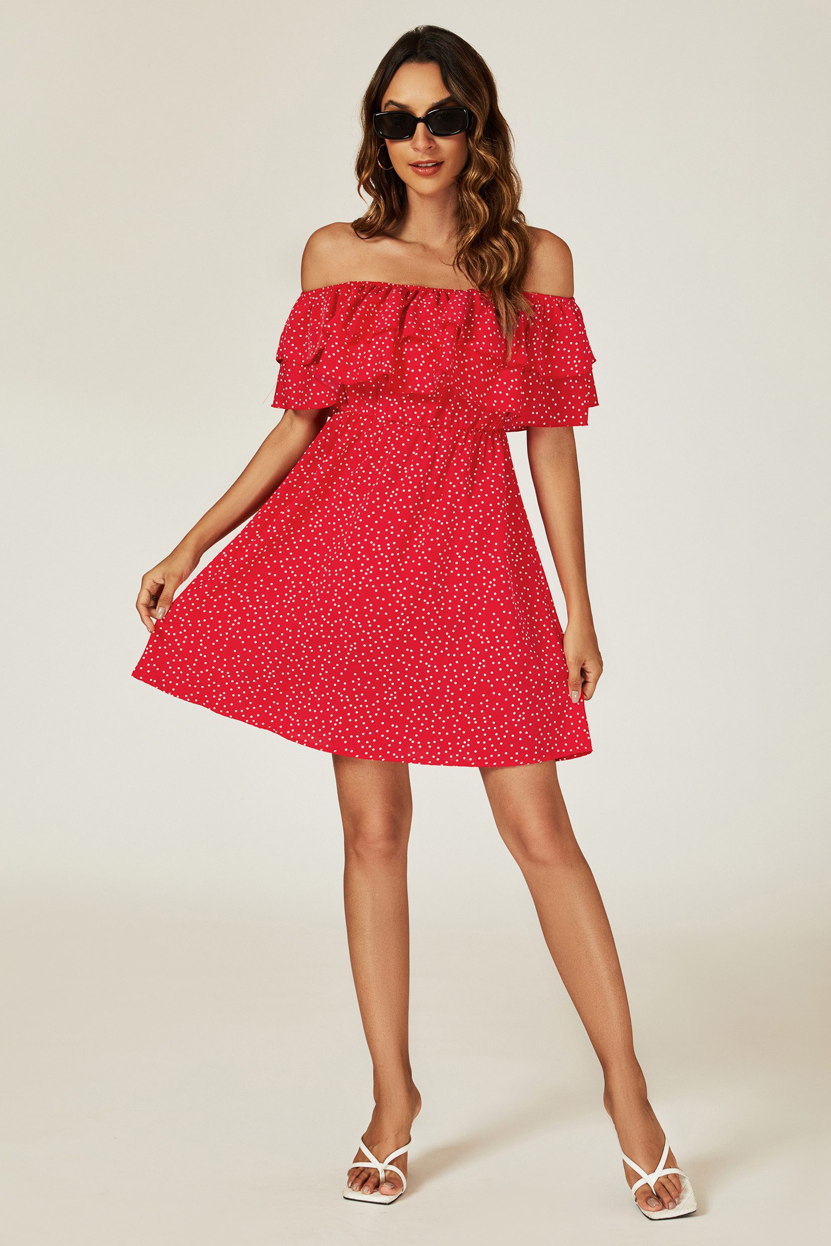 FS Collection Minikleid Damen Minikleid Bardotkleid Sommerkleid Partykleid Off Shoulder (XS (EU:36 / UK:8) · S (EU:38 / UK:10) · M (EU:40 / UK:12) · L (EU:42 / UK:14) · XL (EU:44 / UK:16), 4 Farben: Staubblau, Schwarz-Gelb, Schwarz-Rosa und Rot) Schwarz-Gelb/-Rosa 100% Viskose, Blau/Rot 100% Polyester