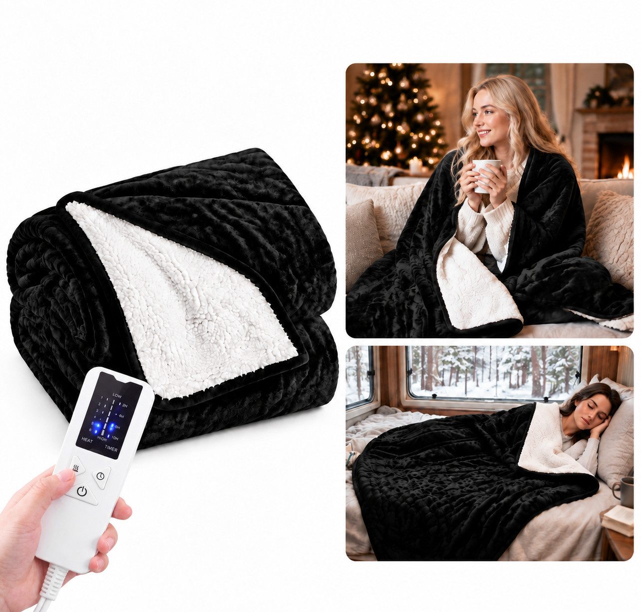 Ledklang Heizdecke Elektrisch Schwarz/Grau Überhitzungsschutz,Waschbare 200x180cm, für Bett, Sofa und Camping, 6-Stufen-Heizung & Zeitschaltuhr,Waschbar bei 30 °C