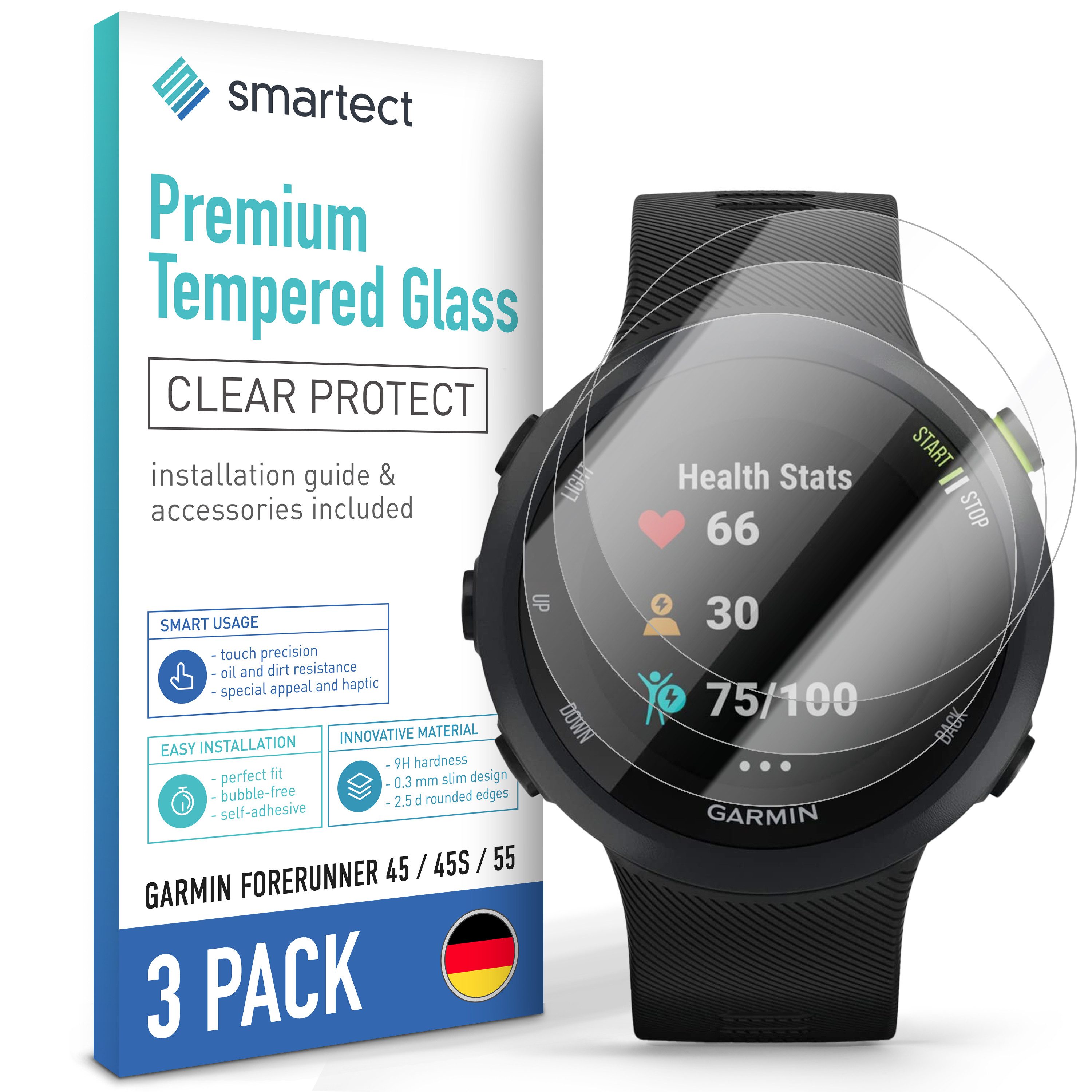 smartect Displayschutzglas 3X Schutzglas Panzerfolie Klar für Garmin Forerunner 45 / 45s / 55 für Garmin Forerunner 45 / 45s / 55, Set, 3 Stück, 0.3 mm Ultra-klar, 9H Härte, Kratzfest, Stoßfest, Blasenfrei, Oleophob