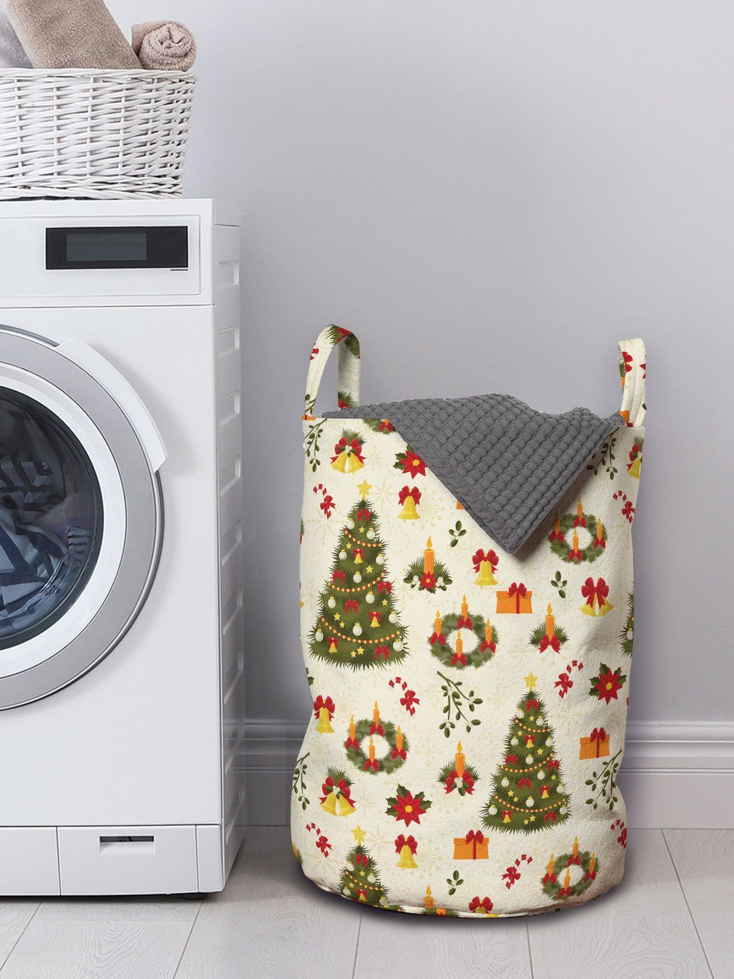 Waschsalons, für Wäschesäckchen Abakuhaus mit Griffen Wäschekorb Bäume Kordelzugverschluss Glocken Weihnachten Cartoon