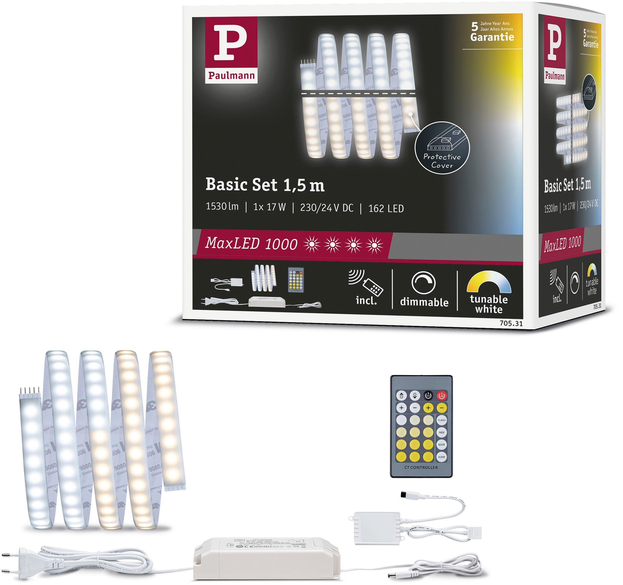 Paulmann LED-Streifen MaxLED1000 Basisset 1,5m IP44 Cover2700-6500K 17W 230/24V 40VA Silber, 1-flammig, Tunable White