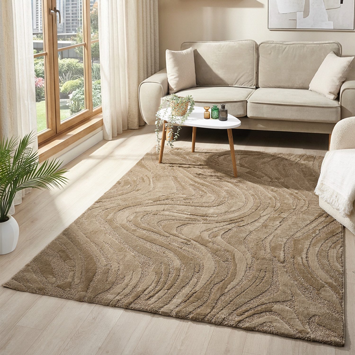 Vimoda Teppich Wellenmuster, modernerer Design, dicht & weich, Rechteckig, Höhe: 11 mm, Uni, Läufer Grau, 3D Effekt, Wohnzimmer, Schlafzimmer